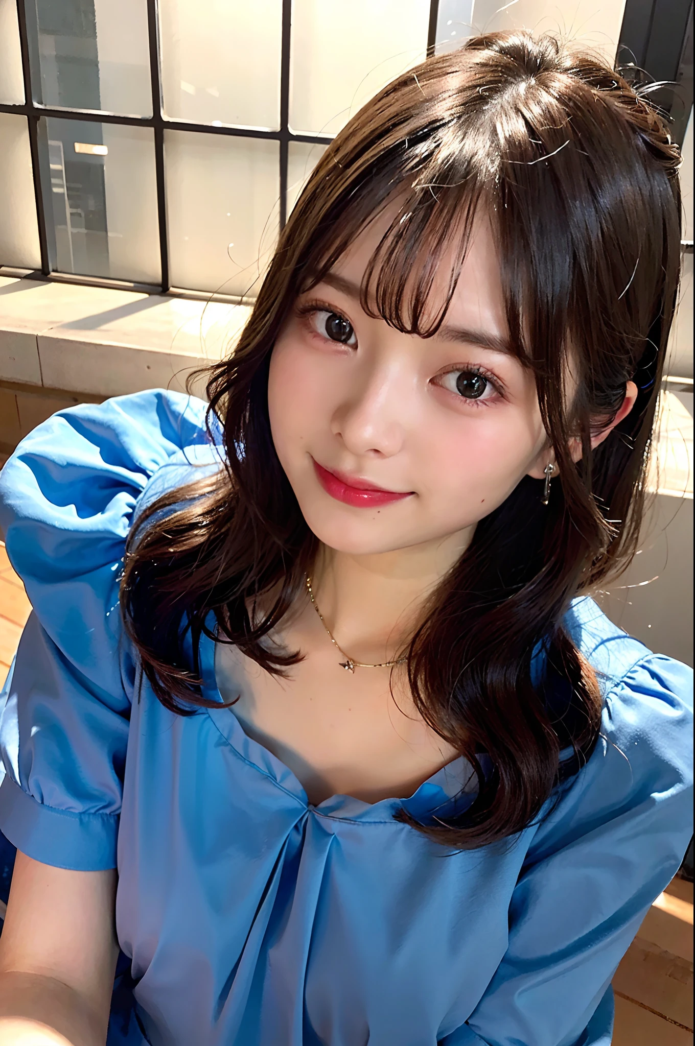 (top-quality、8K、32K、masuter piece、nffsw:1.2)、、profile、(slim figure:1.2)、(s lips) 、、Light blue blouse、Colossal tits、二重まぶた、shinny skin、Realistic rays、mare、beauitful face、(A smile:1.3)、crouching down、(From above:1.2)、(a closeup:1.4)、blurry backround、(Front Focus)、(Dark: 1.6)、Fantasy Art、photoRealstic、Professional Lighting、extra detailed face、Award-winning、deep-shadows、
