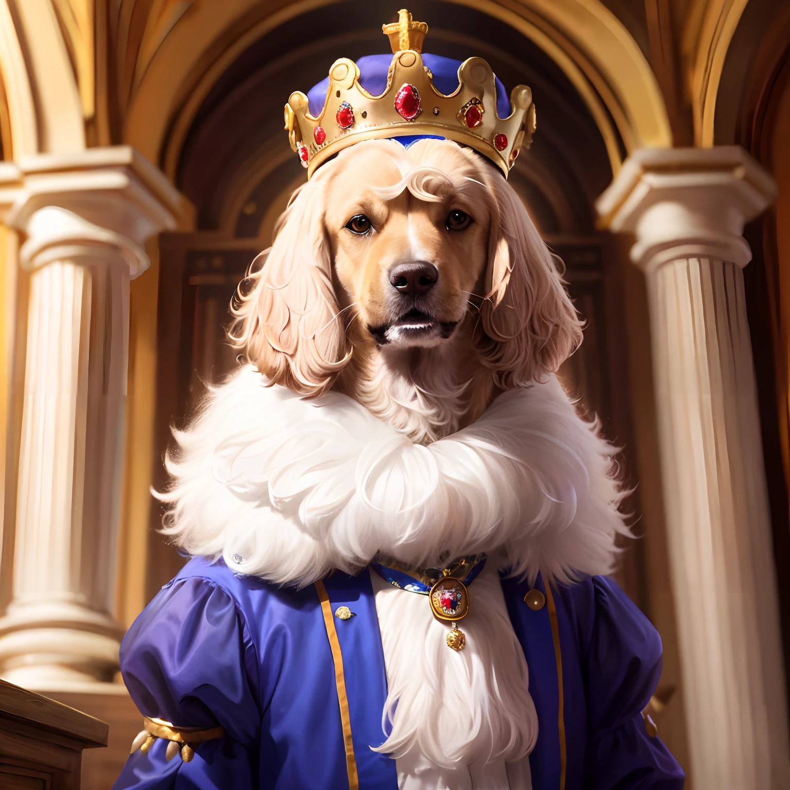 arafed dog dressed in a blue and gold costume with a crown, majesty in noble clothes, dog wearing a crown, royal portrait, wearing a royal robe, dressed as a queen, regal pose, zoomed out portrait of a duke, wearing a luxurious royal cloak, portrait of a king, anthropomorphic dog, dog as a greek god, a hyper realistic
