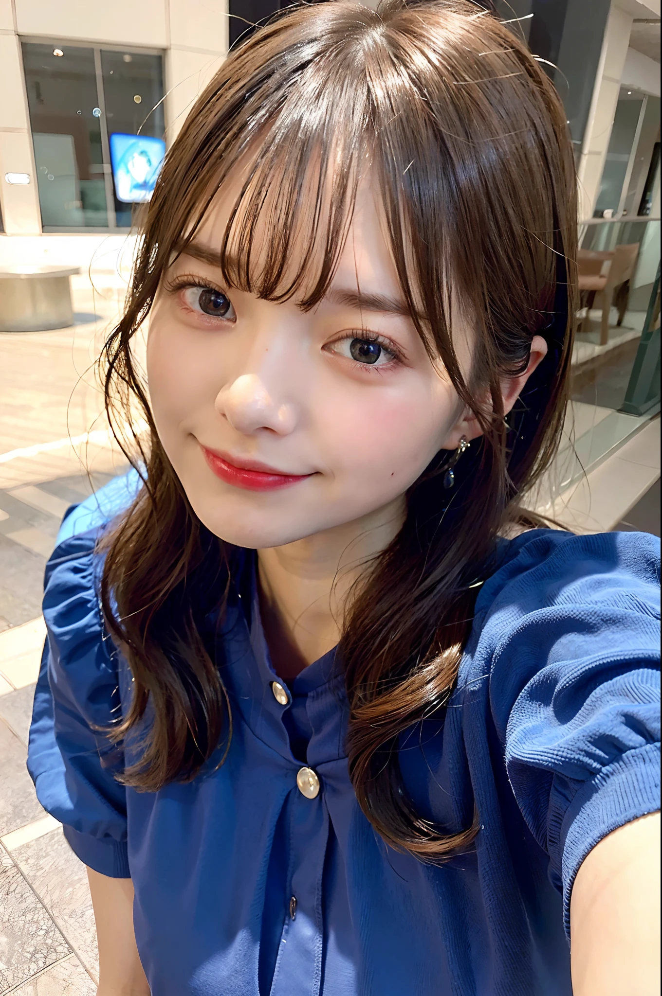 (top-quality、8K、32K、masuter piece、nffsw:1.2)、Kyoko Yoshine、profile、(slim figure:1.2)、(s lips) 、17 age、Dark blue blouse、Colossal tits、二重まぶた、shinny skin、Realistic rays、mare、beauitful face、(A smile:1.3)、crouching down、(From above:1.2)、(a closeup:1.4)、blurry backround、(Front Focus)、(Dark: 1.6)、Fantasy Art、photoRealstic、Professional Lighting、extra detailed face、Award-winning、deep-shadows、