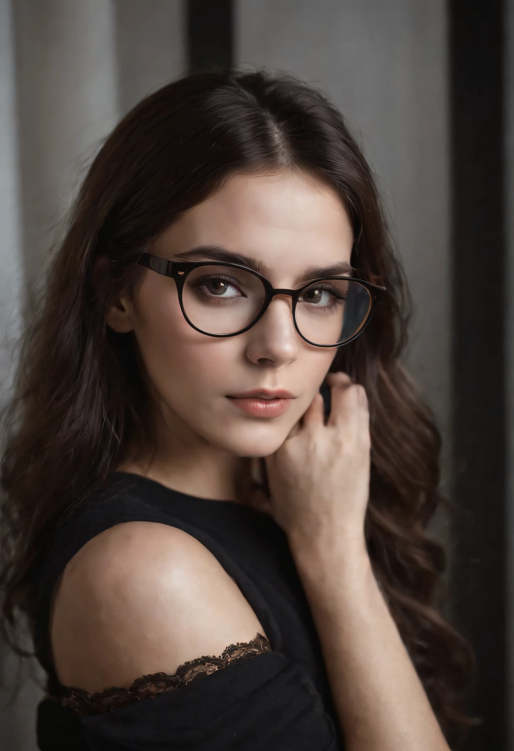 She is a free-spirited woman and artistic soul. His skin has a soft pallor and his expression is serene, com um toque de melancolia nos olhos. Seus cabelos negros e brilhantes caem em ondas soltas ao redor de seu rosto, highlighting his delicate features. She wears black-framed glasses, that give an intellectual and mysterious air to his gaze. Vestida com uma camiseta vintage de uma banda de rock obscura, She exudes a unique and authentic style. Her bed is covered with a dark sheet and some colorful pillows, trazendo um toque de contraste. She's lying on her side, resting on one arm, com as pernas cruzadas, holding an old book with a worn cover in your hands. A luz natural entra pela janela, delicately illuminating his face and highlighting the pages of the book, creating a contrast between the darkness of the room and the brightness of the reading, Remember to capture the essence of the emo aesthetic, with dark tones and a melancholic atmosphere. Adicione detalhes sutis, As accessories, para destacar a personalidade e o estilo da personagem. Explore different angles and frames to create a captivating and emotion-filled photographic portrait.
