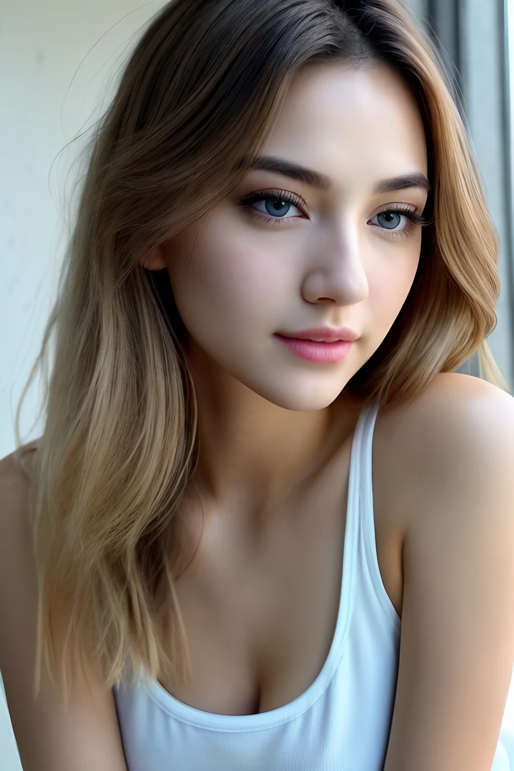 raw、analogue、Nikon Z 14mm ultra-wide lens、award-winning glamour photograph、((top-quality))、((masterpiece))、((realisitic))、Skin pores、Subsurface scattering、radiant light rays、hight resolution、detailed facial features、high detal、foco nítido、suave、Aesthetic、ighly detailed、extremely detailed eye、very detail hair、highlydetailed skin、Very detailed clothes、octan render、Photorealsitic、realisitic、post processed、Roughness、natural skin textures、Real life、A hyper-realistic、photorealisim、complicated and elegant、A stunning、Beautiful fece、a gorgeous、Large cities、On the rooftop、Lower urban structures、railing、Contrasting background、Bright background、beautifull detailed face、highly contrast、Perfect litthing、 beautifuly color、Delicate color、((ciinematic light))、colourfull、Hyper-detailing、Dramatic light、intricate detailes、1 girl in、独奏、brown haired、shorth hair、hair wavy、blue eyess、dynamic ungle、Please wear only a white T-shirt、Lower your arms、See the viewer's eyes、depth of fields