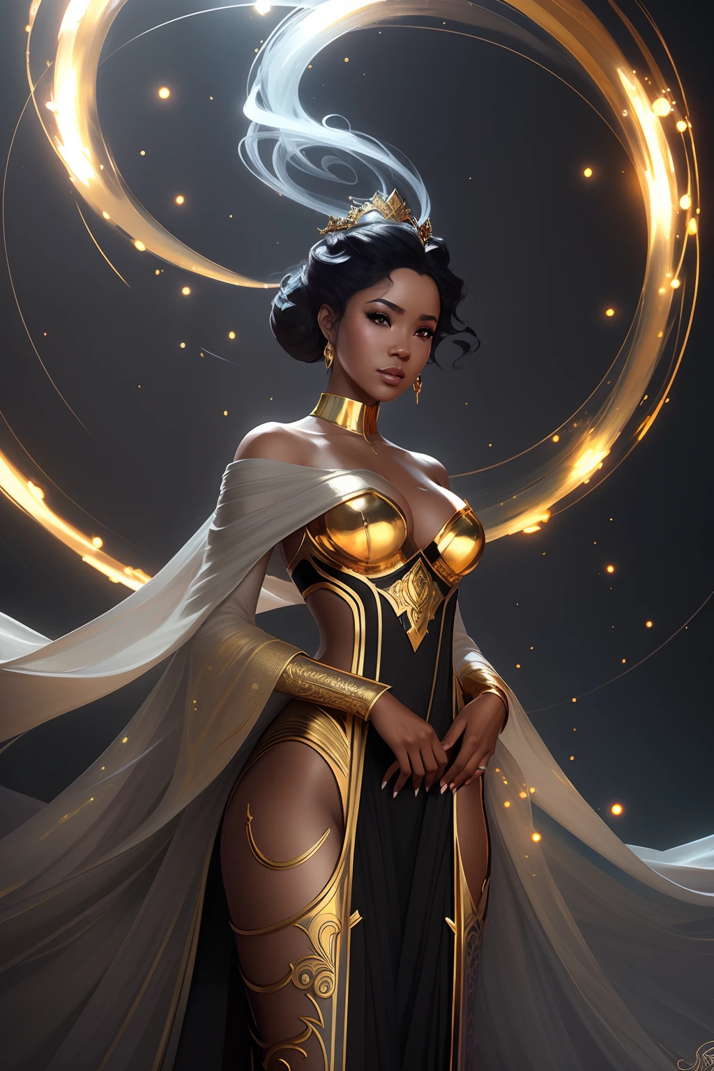Femme noire, visage parfait, de face, dans un costume or et noir avec une longue robe fluide couvere, Golden splashes, Artgerm Julie Bell Beeple, WLOP complexe, WLOP art, Epic 3 D Oshun, tendances sur artStation:3, Ross Tran et WLOP, a beautiful fantasy empress, Superbe CGSOCIETY, WLOP et Ross Tran, Tendances dans ArtStation