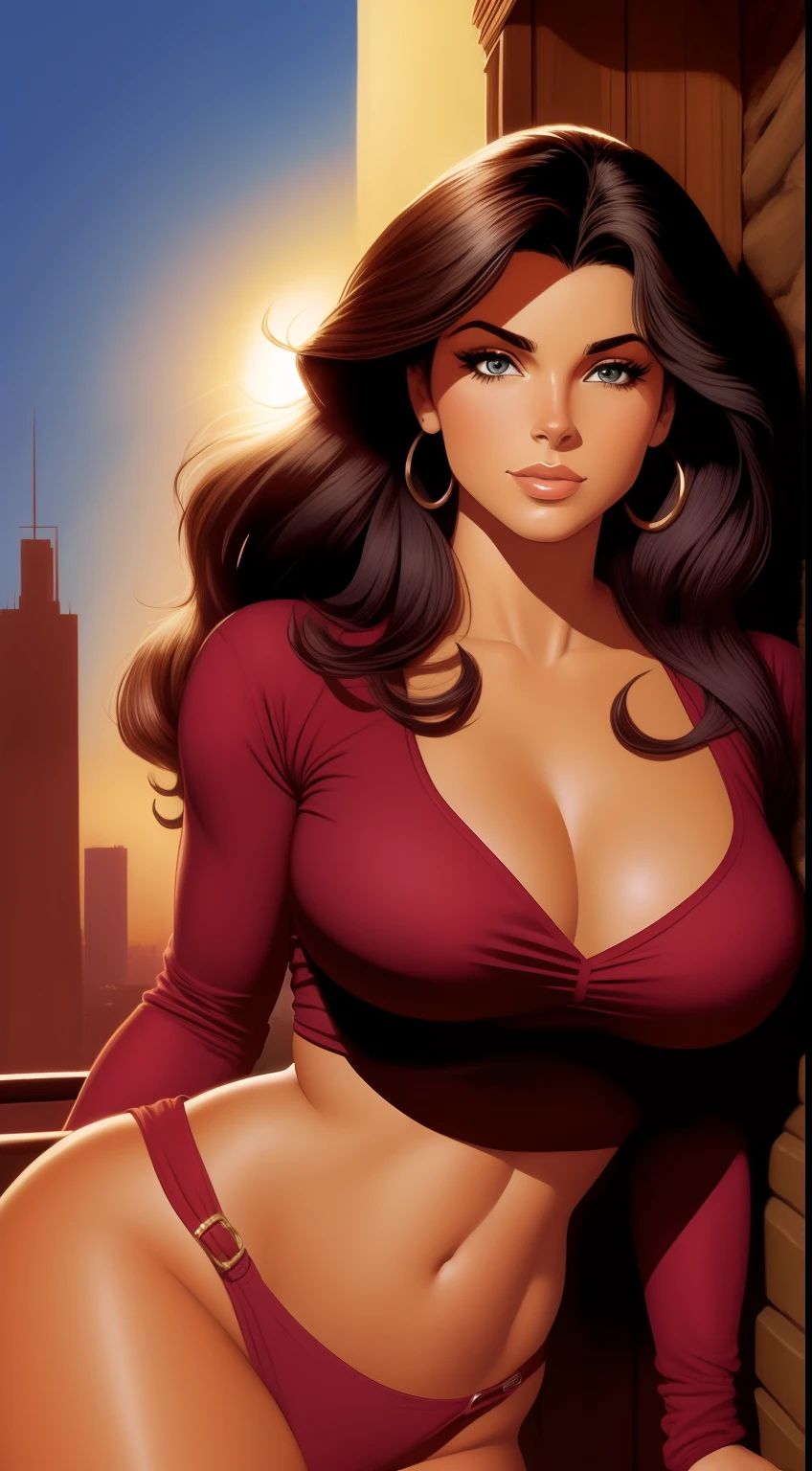 Arte Inspirada John Buscema,uma mulher nativa americana muito bonita, longos cabelos negros ondulados, olhos escuros como a noite mais profunda, corpo delgado, middlebreasts, wearing a long-sleeved shirt and jeans, wearing suede boots, sua sensualidade transparecia por todo seu corpo.corpo inteiro