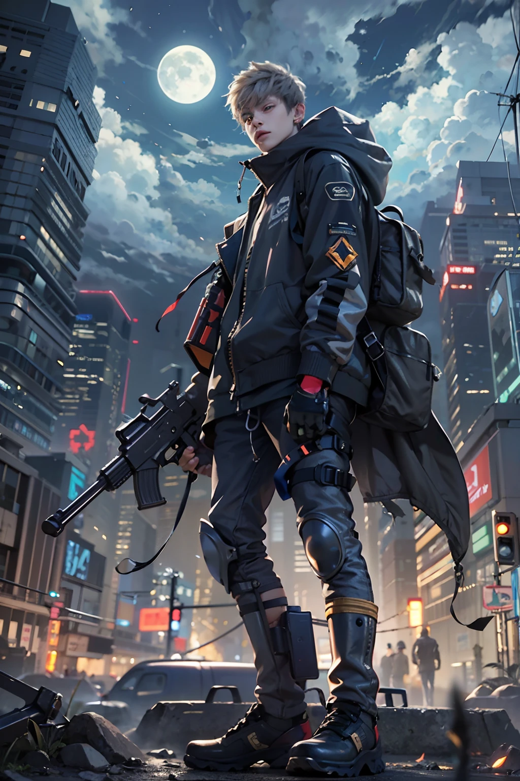 1boy,(a 13 yo boy:1.5)、Anime-style protagonist、Cyberpunk Boy、Black attire、silber hair、machine gun、Handgun、Whole body bloody、The beginning of the adventure、Lots of clouds,heavy fog、Lightning、Moon,Chaotic city of the future、dystopian、Dim lighting、Chaotic、Beautiful and fantastic scenery、Cinematic scenery、hightquality、masutepiece,in 8K、hight resolution、