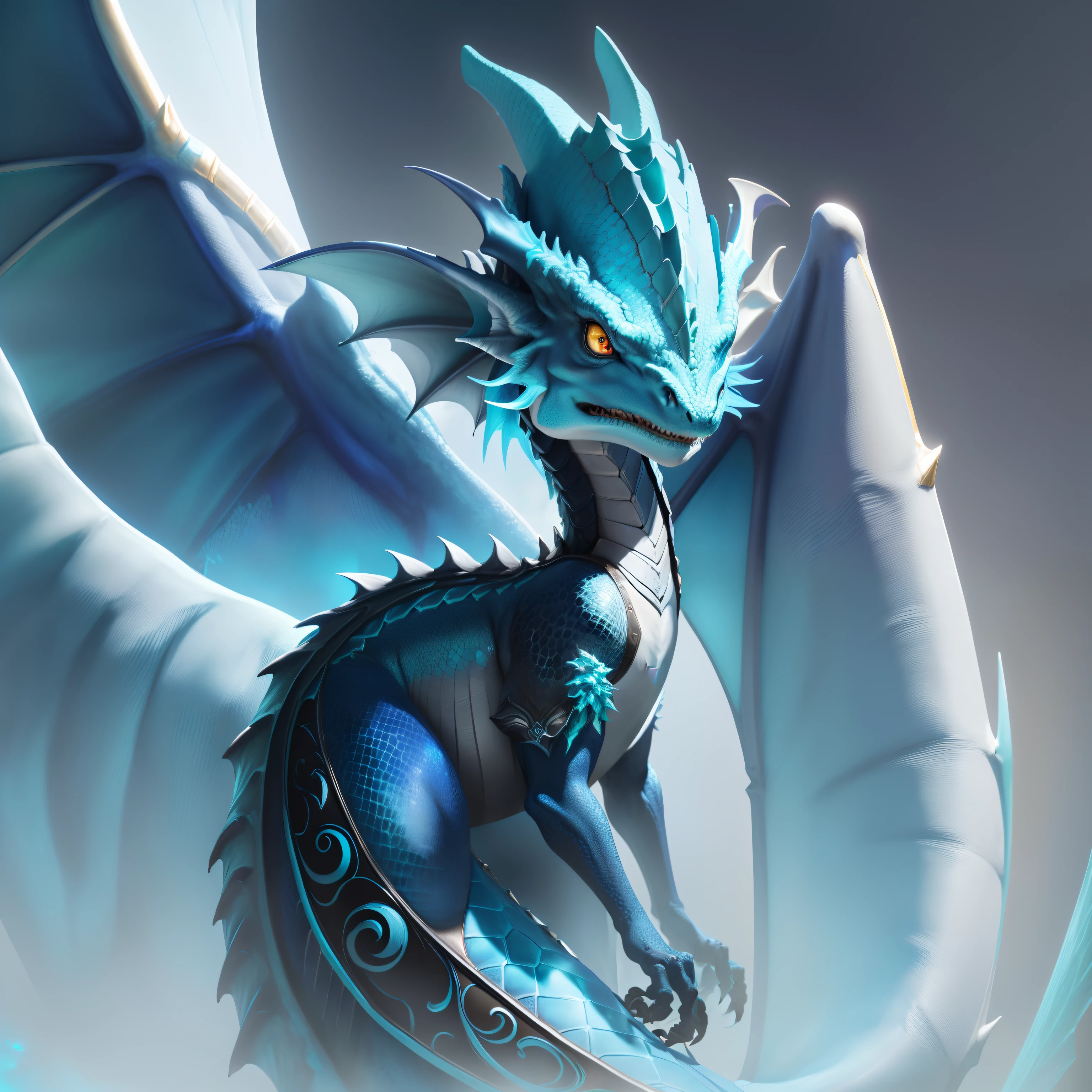 There is a very beautiful dragon with a very large blue eye, anthro dragon art, water dragon, young male anthro dragon, arte conceitual da criatura da fantasia, em tons de azul, verde e preto, stylized as a 3d rendering, frost dragon, 3 d render stylized, anthropomorphic dragon, Escalas cristalizadas, as an anthropomorphic dragon, arte digital detalhada bonito, CGSetalidade 9