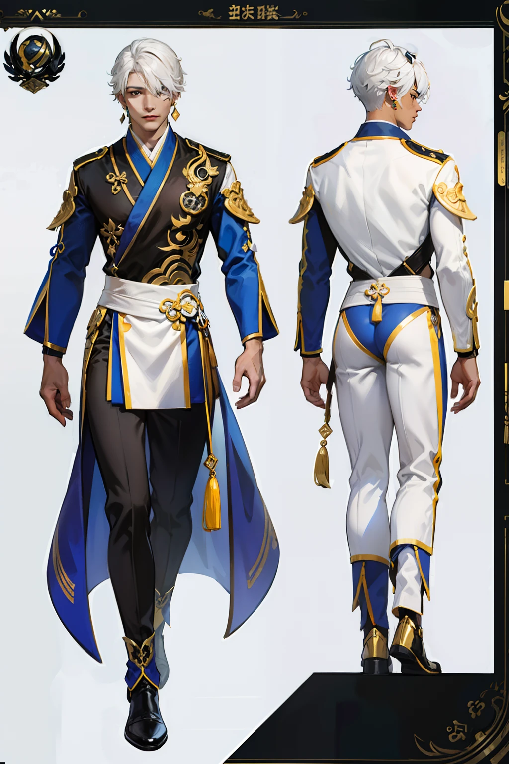 dark skin man, male, black eyes, white hair, long hair, anime style, 4k image, full body, holographic background, Character sheet, Handsome male. Perfect face, 6 ft 5 tall man. White hair. Short hair. Grey eyes. Eyepatch. Earrings. Toned body. Muscular male, character design sheet，full bodyesbian, Full of details, body front view, body back view,  Full body, front and back view, muscle body, Traditional chinese clothes. Genshin Impact. Hydro vision. Bulge in pants. Liyue, ((Masterpiece, Highest quality)), Detailed face, character design sheet， full bodyesbian, Full of details, frontal body view, back body view, Highly detailed, Depth, Many parts,