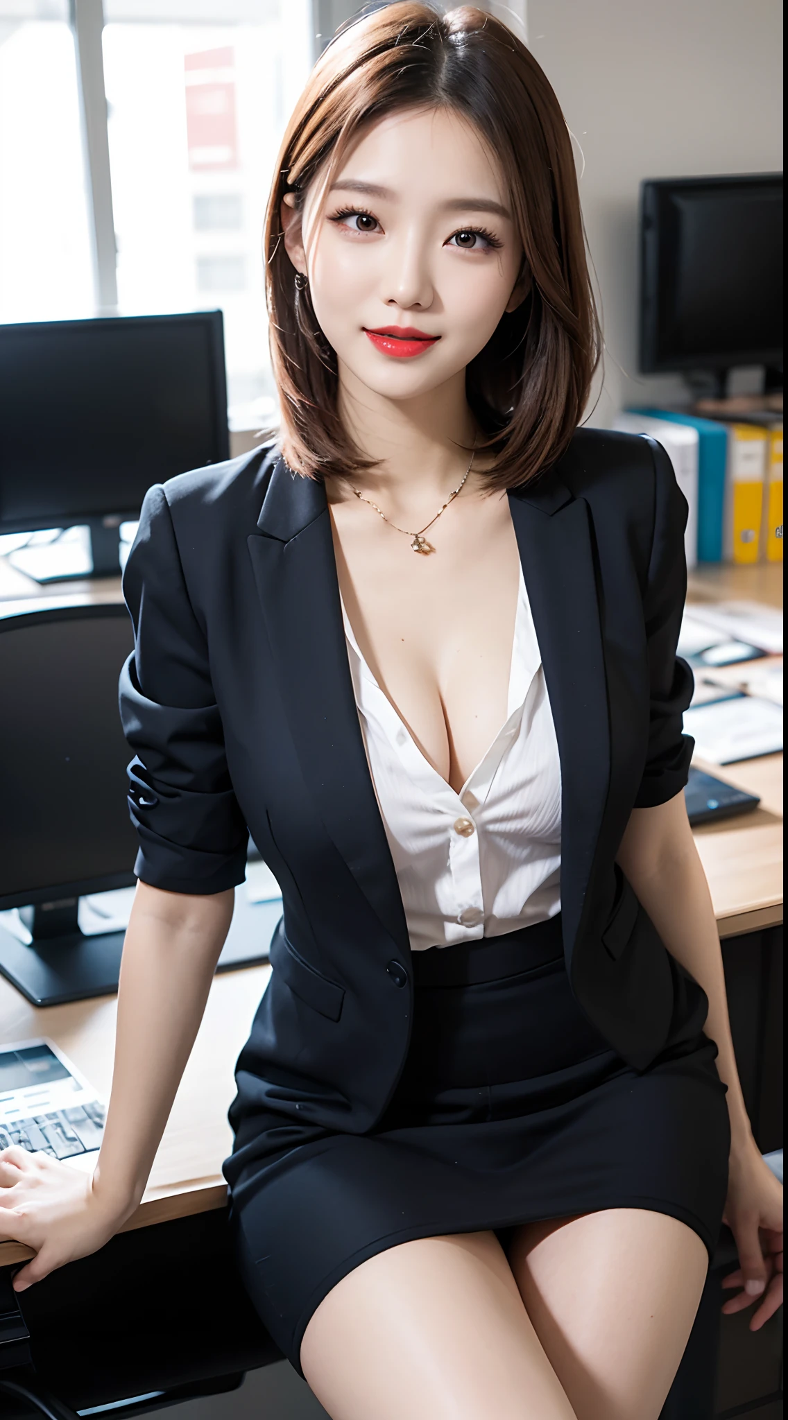 (Masterpiece:1.3), (8K, Photorealistic, RAW Photography, Best Quality: 1.4), Japan, Beautiful Face, (Realistic Face), (Medium Hair:1.3), Realistic Eyes, Beautiful Eyes, (Real Skin), Beautiful Skin, Attractive, Ultra High Definition, Ultra Realistic, High Definition, Beautiful Japan woman, ((grey suit)), ((formal trouser:1.4)), open jacket, office lady, suit, ((grey pants:1.4)), office, desk, (sticking out buttocks: 1.2), detailed face, long hair, smile, (open shirt), (white shirt), (cleavage)