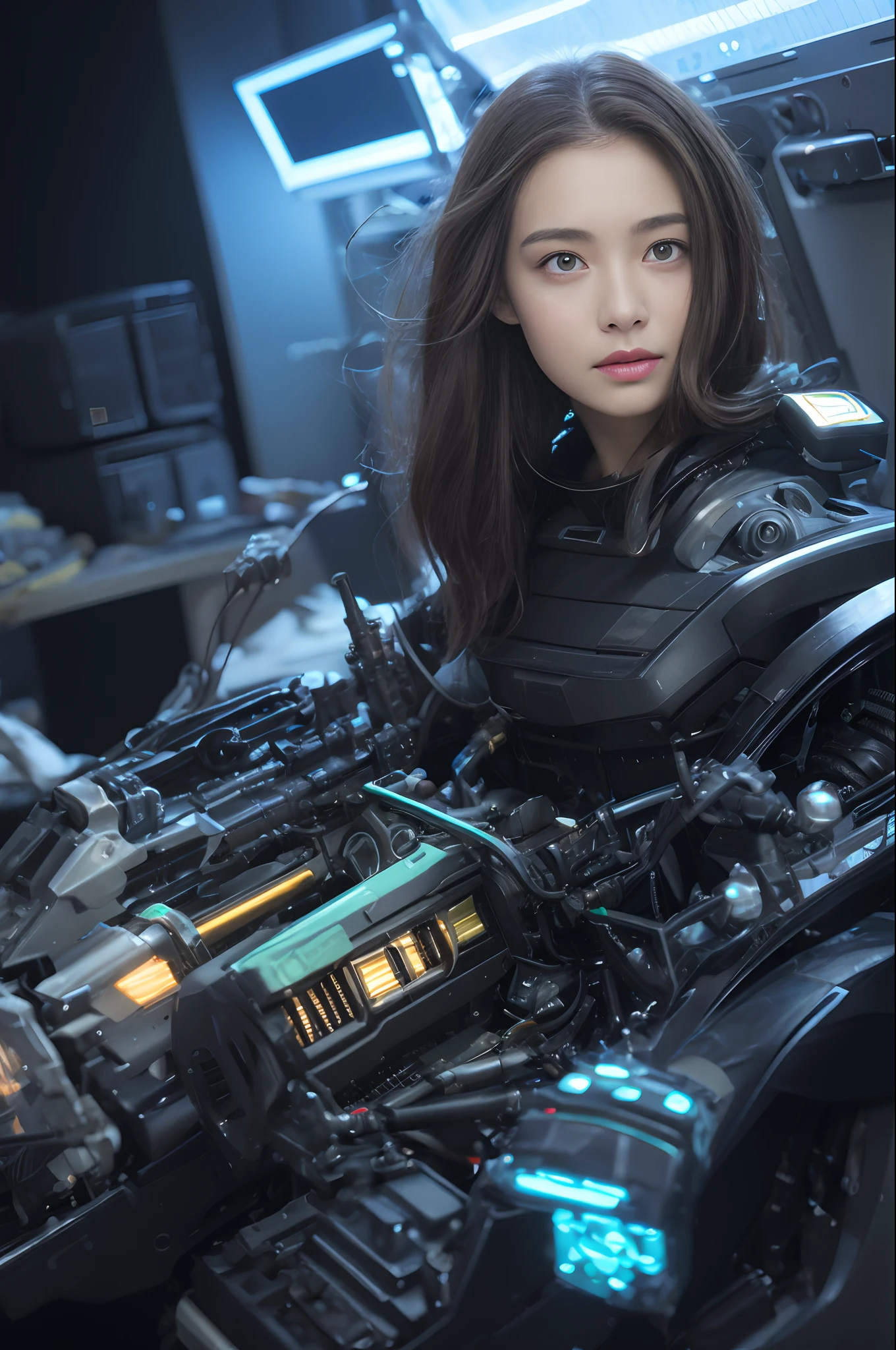 top-quality、masterpiece、超A high resolution、(Photorealsitic:1.4)、Raw photo、女の子1人、light brown hair、glowy skin、cyborg girl、((super realistic details))、portlate、Global Illumination、Shadow、octan render、8K、ultrasharp、small tit、Raw skin is exposed in cleavage、metals、Details of complex ornaments、Details of Gundam Aerial、highly intricate detail、Realistic light、CGSoation Trends、a purple eye、radiant eyes、Facing the camera、neon details、Mechanical limbs、blood vessels connected to tubes、Mechanical vertebrae attached to the back、mechanical cervical attaching to neck、sitting on、Wires and cables connecting to the head、Small LED lamps、glowing tubes、The background is the server room of the future、Iridescent eyes、Human-machine convergence