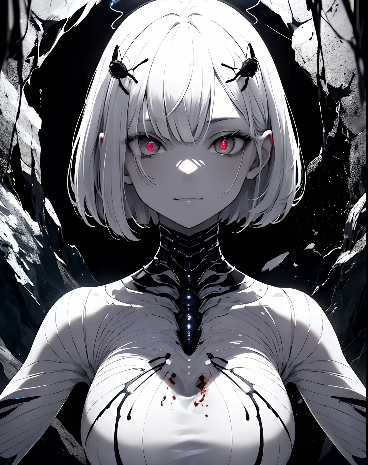(masterpiece,best quality,ultra-detailed),1girl, dark halo,smirk,white insect body,(blood), (body beetle creature), beautiful and detailed face, detailed eyes,bob cut, white and purle hair,insanevoid, glowing eyes,(grey theme),in a dark cave