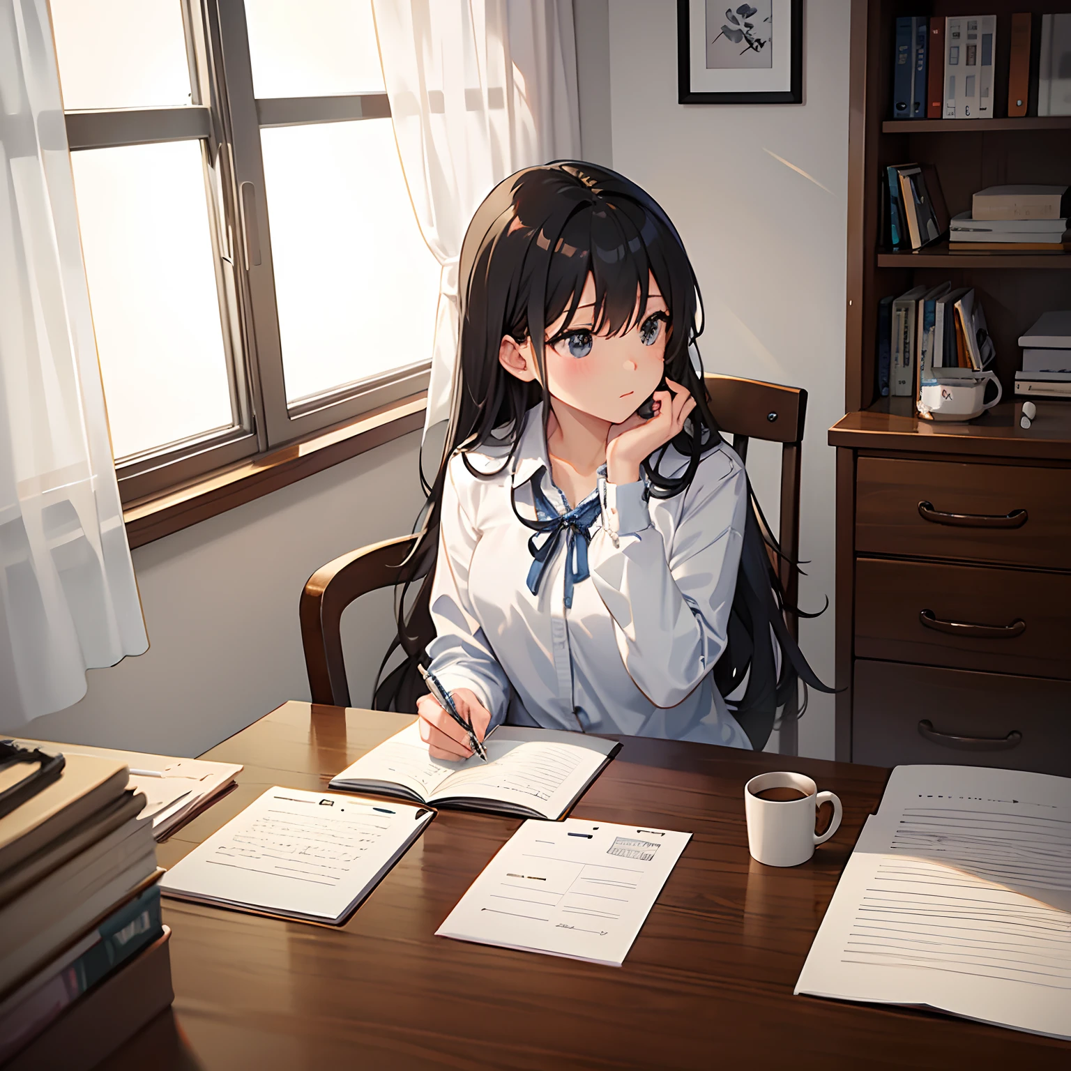 Cute room、One girl studying(sit a chair)、desk work(I have a notebook)、Long Black Hair、Mug on desk(Steaming)、Thinking Face、Write notes with a pen