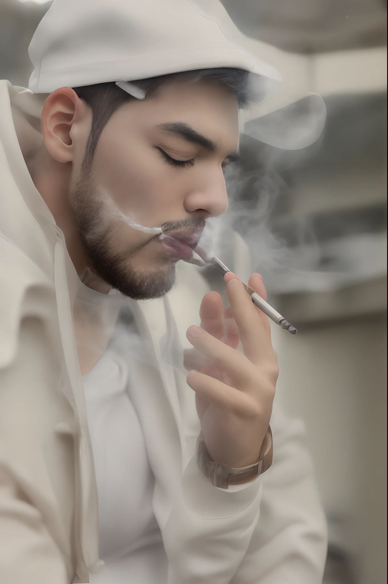 there is a man smoking a cigarette on a balcony, subject action: smoking a cigar, he is smoking a cigarette, blowing out smoke, smoking a cigarrette🚬, smoking outside, smoking a joint, smoking a blunt, thick smoke around him, smoking a thick cigar, smoking a cigarette, smoking weed, smoking and bickering, dramatic smoking pose realistic face asian boy with beard , 8k , ultra realistic image , handsome beard boy , wearing White Hoodie , cloudy weather , Rapper ,