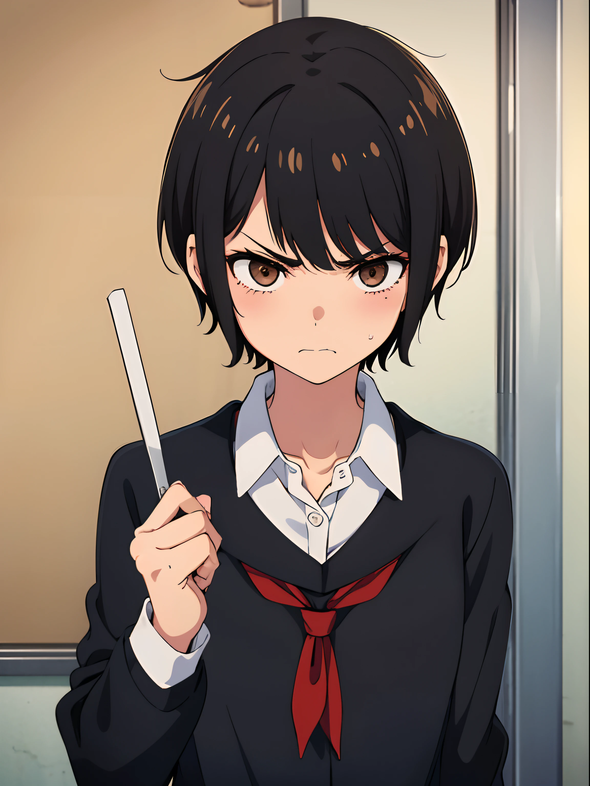 tomboy, small height, skinny, anorexic, pixie cut, black hair, schoolgirl, school uniform, light brown eyes, cute, in the school class, angry face, blushing