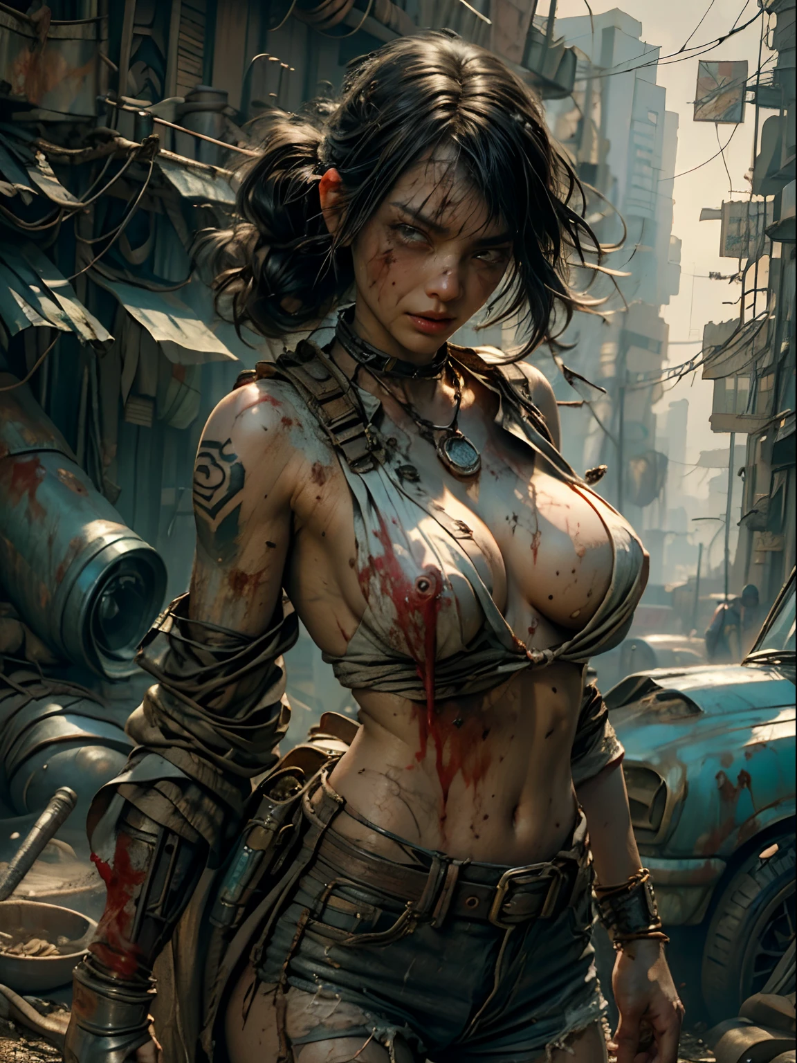 1 sexy post apocalyptic Cyberpunk girl, close up cowboy shot, big breasts, ((tattoos on (breasts))), ((skin smeared with dirt, ((oil)) and blood stains)), wound on body, holding big guns,arms and shoulders covered with rusted random guns, detailed angry Asian face, slave collar and chain around neck, (NSFW), futuristic, mechanical aesthetics, complex machinery, high-tech futuristic (ruined post apocalyptic) Cyberpunk city in the background, virtual engine 5, cinematic lighting.
