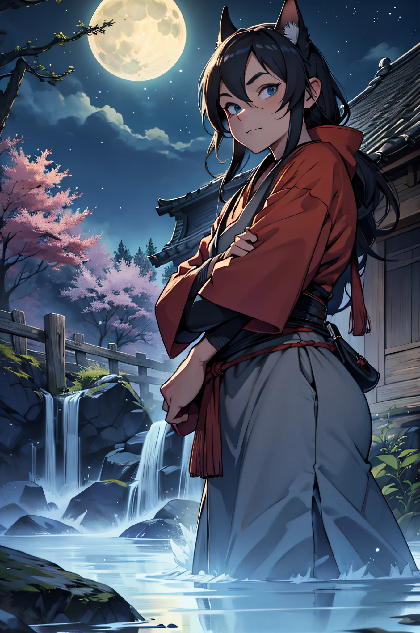Yokai Dorf, Nachthimmel, Vollmond, realistisch, Full HD, best quality, (no human)