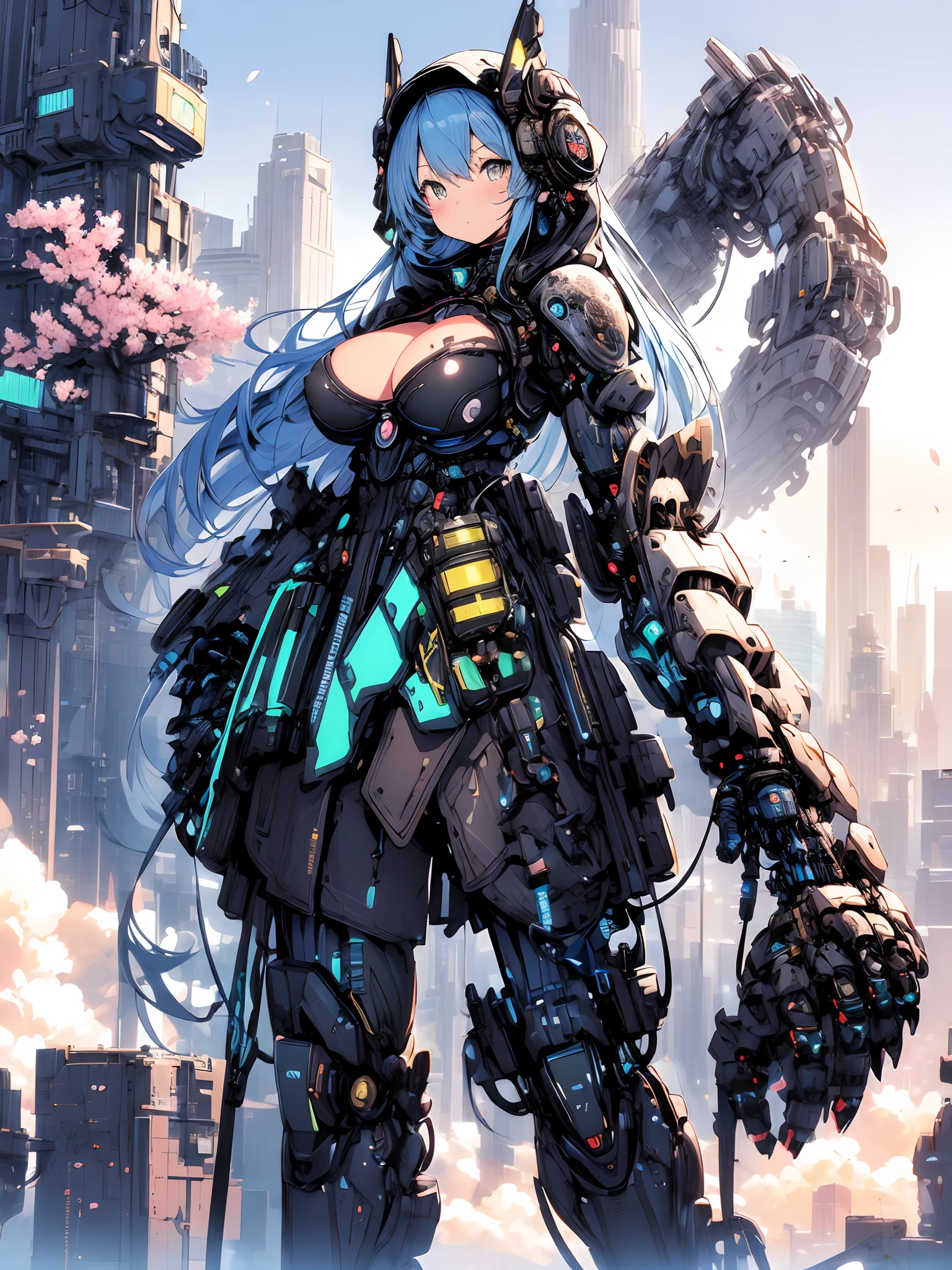 The most beautiful and sexy mecha warrior girl, blue hair, yellow eyes, wearing a highly detailed futuristic hooded mecha battle armor, mechanical angel wings, huge enormously gigantic tits, cleavage showing, tons of tattoos and piercings, in hyper futuristic city metropolis, cherry blossoms blowing in the wind, highly detailed background, absurdres, highres, ultra detailed, (cute illustration:1.5), (cute,kawaii,sweet:1.2),
(1girl:1.4), bodysuit, cyborg girl,
hyper gigantic mechanical hands,dynamic pose, looking back at the camera
nice hands, perfect hands, incredibly cinematic, best quality, best resolution
