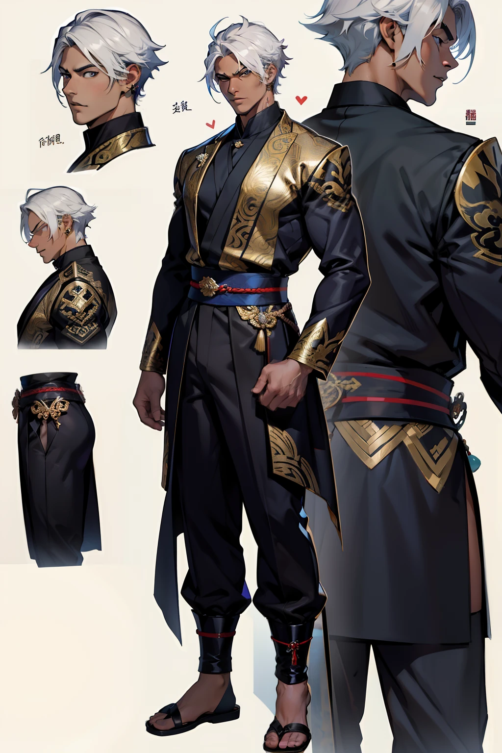 dark skin man, male, black eyes, white hair, long hair, anime style, 4k image, full body, holographic background, Character sheet, Handsome male. Perfect face, 6 ft 5 tall man. White hair. Short hair. Grey eyes. Eyepatch. Earrings. Toned body. Muscular male, character design sheet,full bodyesbian, Full of details, body front view, body back view, Full body, front and back view, muscle body, Traditional chinese clothes. Genshin Impact. Hydro vision. Bulge in pants. Liyue, ((Masterpiece, Highest quality)), Detailed face, character design sheet, full bodyesbian, Full of details, frontal body view, back body view, Highly detailed, Depth, Many parts,
