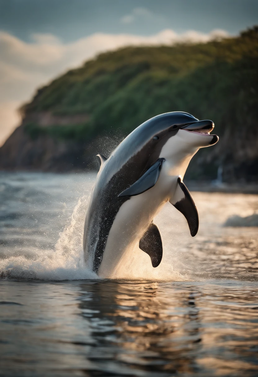 Best Quality, masuter piece, 超A high resolution, (Photorealistic:1.4), Raw photo, Professional Lighting, high-level image quality, high-detail, masterpiece、a dolphin、Jumping、the ocean、Mare、Sunset in the background