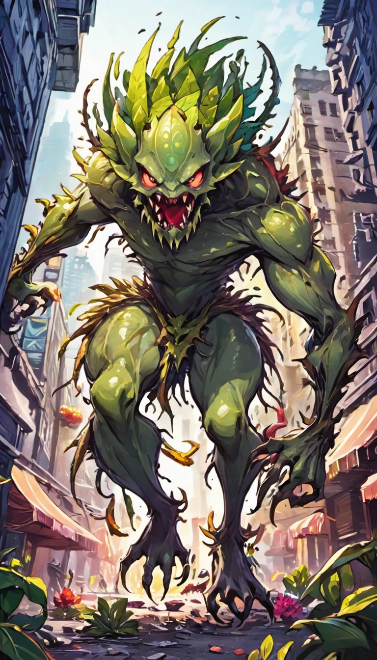 Scary ent monster, colossal shape, mantis-like monster, green scale covering the whole body, big flowers, leafs and spikes running through the body, sharp claws and fangs, blue eyes, destroying a city, with a ruined city in the background ((concept art))