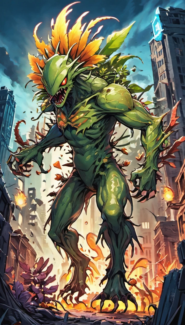 Scary ent monster, colossal shape, mantis-like monster, green scale covering the whole body, big flowers, leafs and spikes running through the body, sharp claws and fangs, blue eyes, destroying a city, with a ruined city in the background ((concept art))