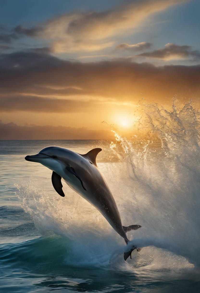 Best Quality, masuter piece, 超A high resolution, (Photorealistic:1.4), Raw photo, Professional Lighting, high-level image quality, high-detail, masterpiece、a dolphin、Jumping、the ocean、Mare、Sunset in the background
