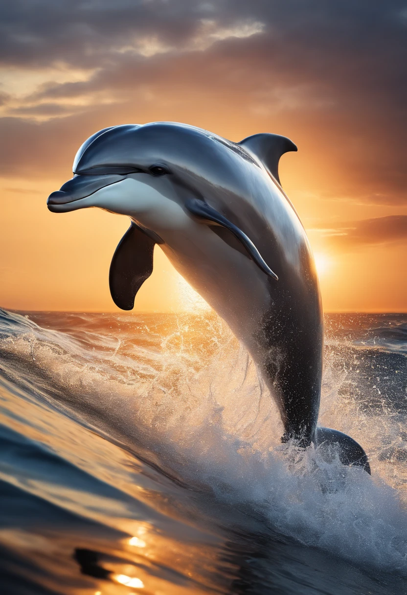 Best Quality, masuter piece, 超A high resolution, (Photorealistic:1.4), Raw photo, Professional Lighting, high-level image quality, high-detail, masterpiece、a dolphin、Jumping、the ocean、Mare、Sunset in the background