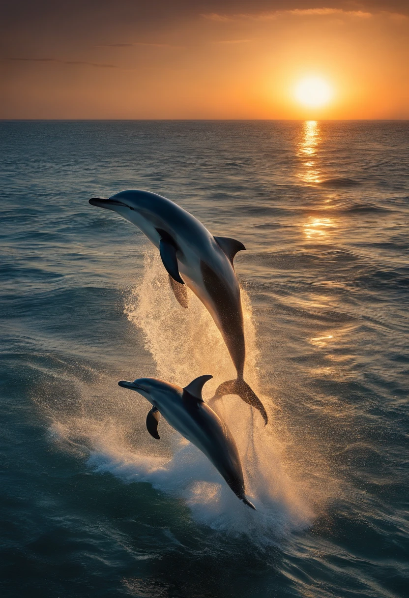 Best Quality, masuter piece, 超A high resolution, (Photorealistic:1.4), Raw photo, Professional Lighting, high-level image quality, high-detail, masterpiece、a dolphin、Jumping、the ocean、Mare、Sunset in the background