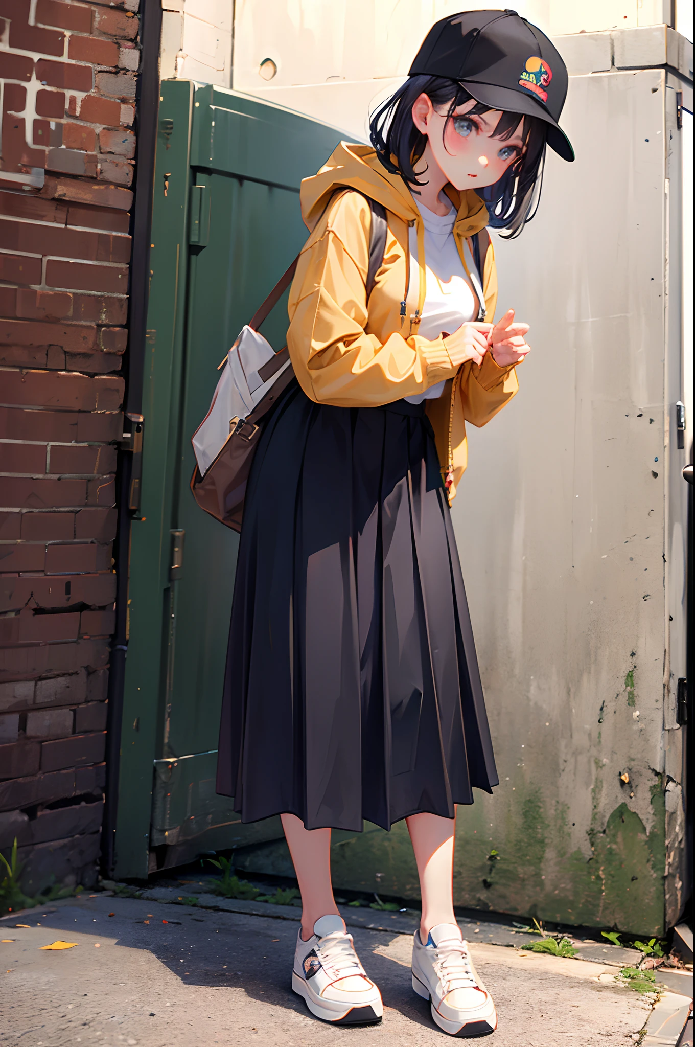 1girl, Front-button chino long skirt, CASQUETTE, waffle pullover, hooded waistcoat, sneaker