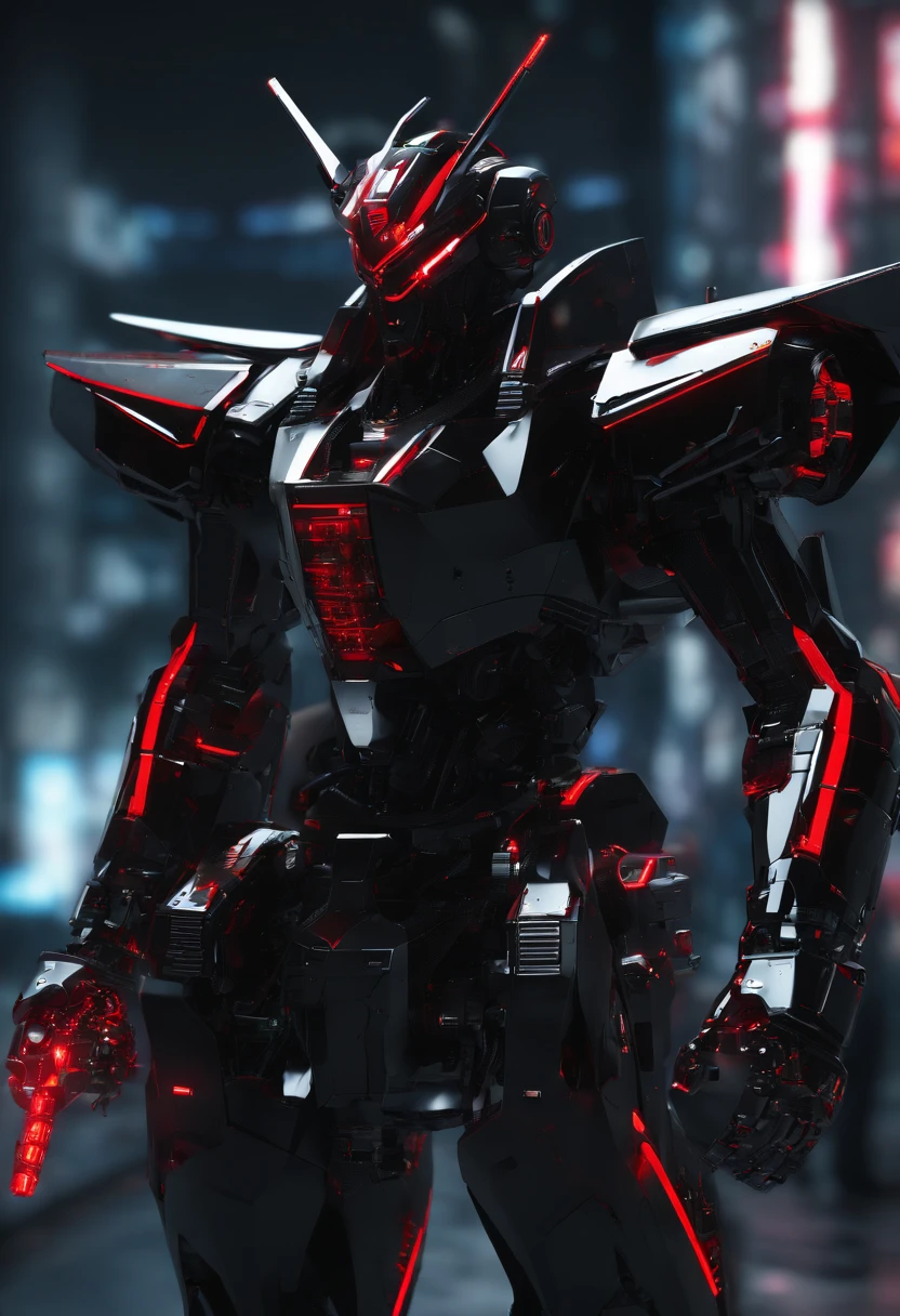 Gundam mecha ,black armour,red outlines of energy throughout the armour, moneyed,cloak over the machine,dark, raining, science fiction, front view, Sense of technology, C4D, Oc renderer, unreal engine, high detail, industrial design, 8k HD, studio light, retro