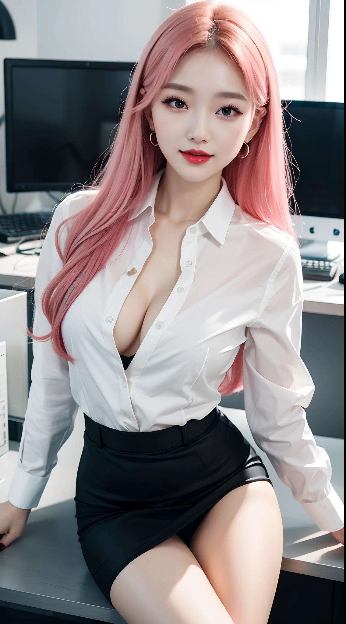 best quality, 4k, 8k, Detailed faces, clear face, pretty girls, Korean makeup, Red lips, laugh, perfect body, medium breasts, thigh, Platinum hair, Girl in Office Outfit, female office worker, Formal attire, Office view,