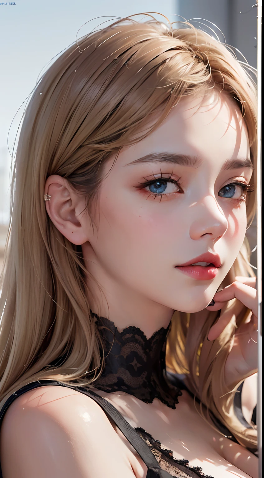 (8k, RAW photo, best quality, masterpiece:1.2), (realistic, photo-realistic:1.4), illustration, highres,hexagon,(1girl), 1girl, solo, ,looking at viewer,large breasts,portrait,from side,bad-girl, short light blonde hair, light blue eyes, beautiful red lips, elegant black dress,