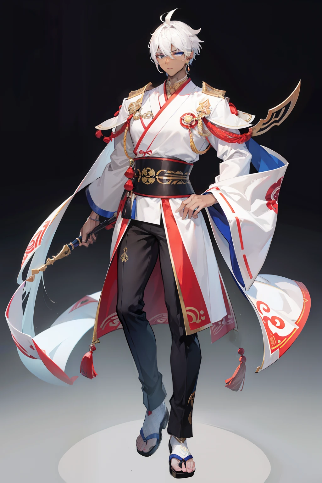 dark skin man, male, black eyes, white hair, long hair, anime style, 4k image, full body, holographic background, Character sheet, Handsome male. Perfect face, 6 ft 5 tall man. White hair. Short hair. Grey eyes. Eyepatch. Earrings. Toned body. Muscular male, character design sheet，full bodyesbian, Full of details, body front view, body back view,  Full body, front and back view, muscle body, Traditional chinese clothes. Genshin Impact. Hydro vision. Bulge in pants. Liyue, ((Masterpiece, Highest quality)), Detailed face, character design sheet， full bodyesbian, Full of details, frontal body view, back body view, Highly detailed, Depth, Many parts,