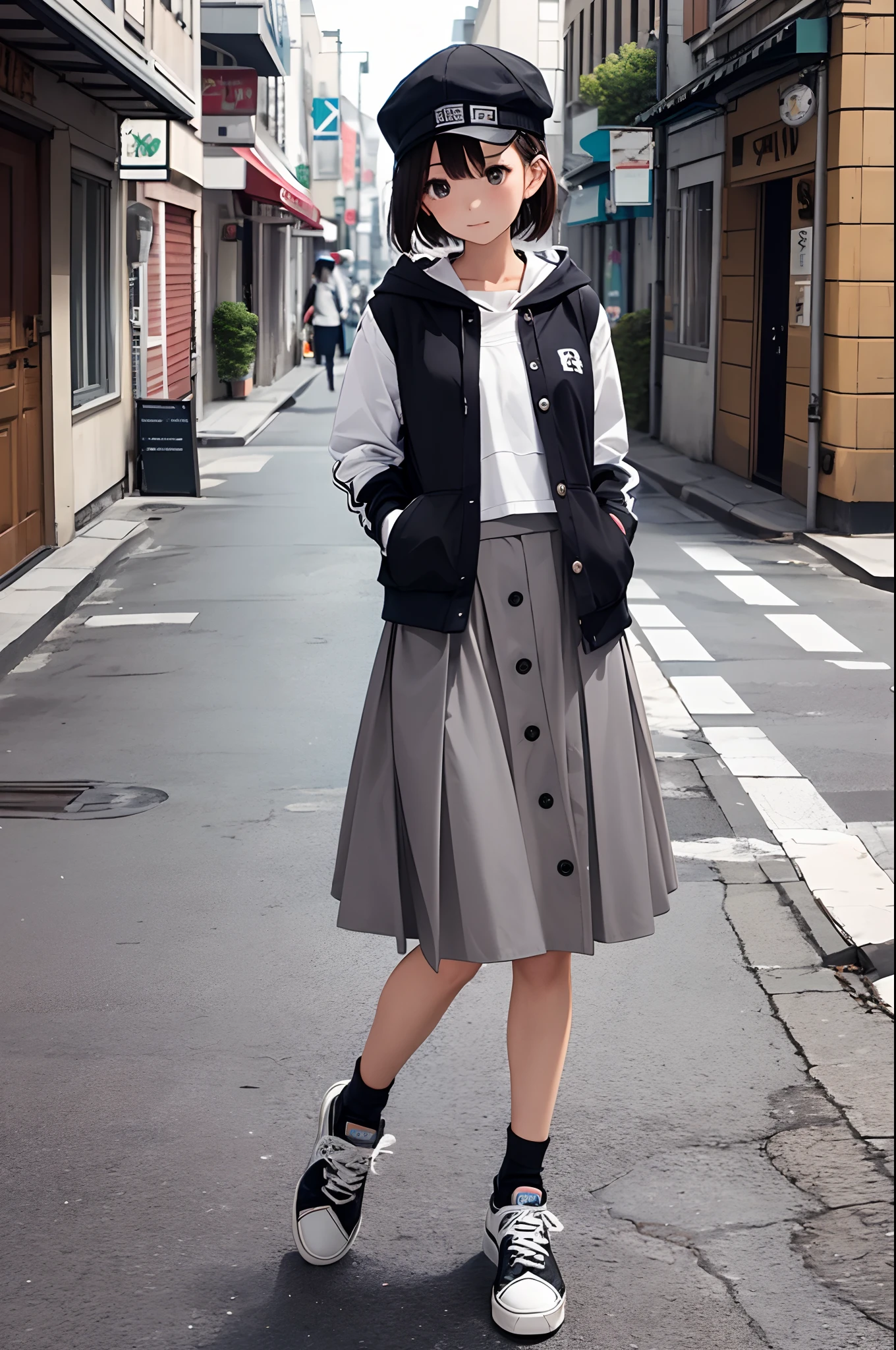 1girl, Front-button chino long skirt, CASQUETTE, waffle pullover, hooded waistcoat, sneaker