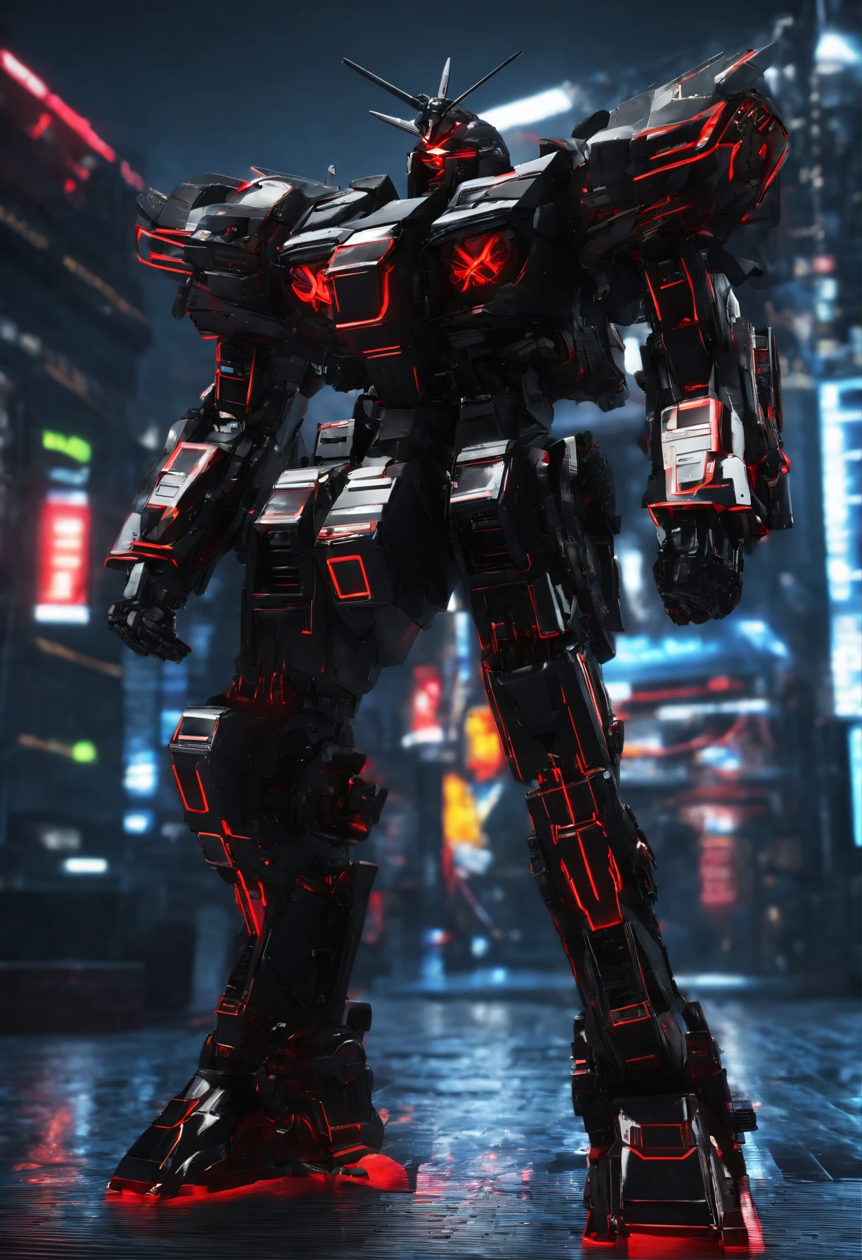 Gundam mecha ,black armour,red outlines of energy throughout the armour, moneyed,cloak over the machine,dark, raining, science fiction, front view, Sense of technology, C4D, Oc renderer, unreal engine, high detail, industrial design, 8k HD, studio light, retro