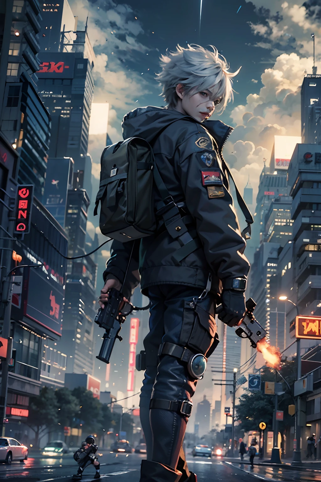 1boy,(a 13 yo boy:1.5)、Anime-style protagonist、Cyberpunk Boy、Black attire、silber hair、machine gun、Handgun、Whole body bloody、The beginning of the adventure、Lots of clouds,heavy fog、Lightning、Moon,Chaotic city of the future、dystopian、Dim lighting、Chaotic、Beautiful and fantastic scenery、Cinematic scenery、hightquality、masutepiece,in 8K、hight resolution、