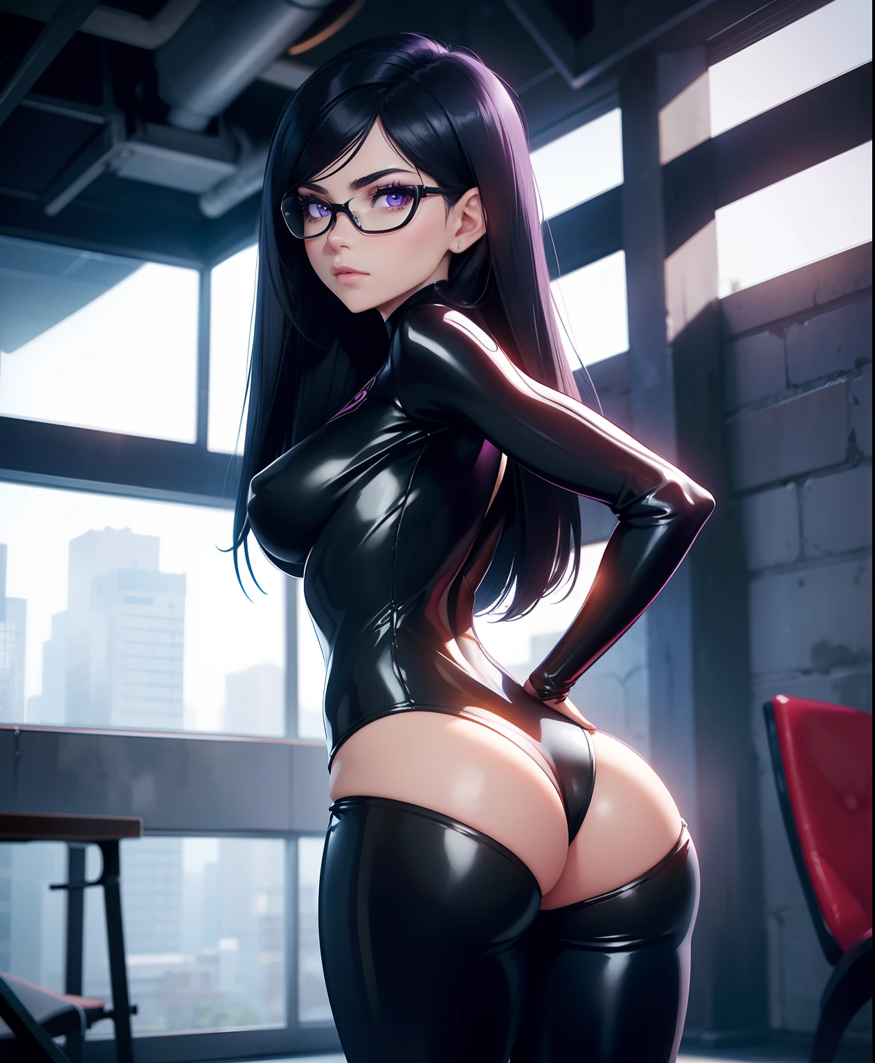 The generated prompt can be："violet parr,latex outfit,long black hair,vivid purple eyes,smoky makeup,big round butt,perfectly sculpted abs,(best quality,4k,8k,highres,masterpiece:1.2),ultra-detailed,(realistic,photorealistic,photo-realistic:1.37),portrait,dark and moody lighting,vivid color grading, sexy face, blushing, oiled up, nsfw, small tits, ass towards camera,