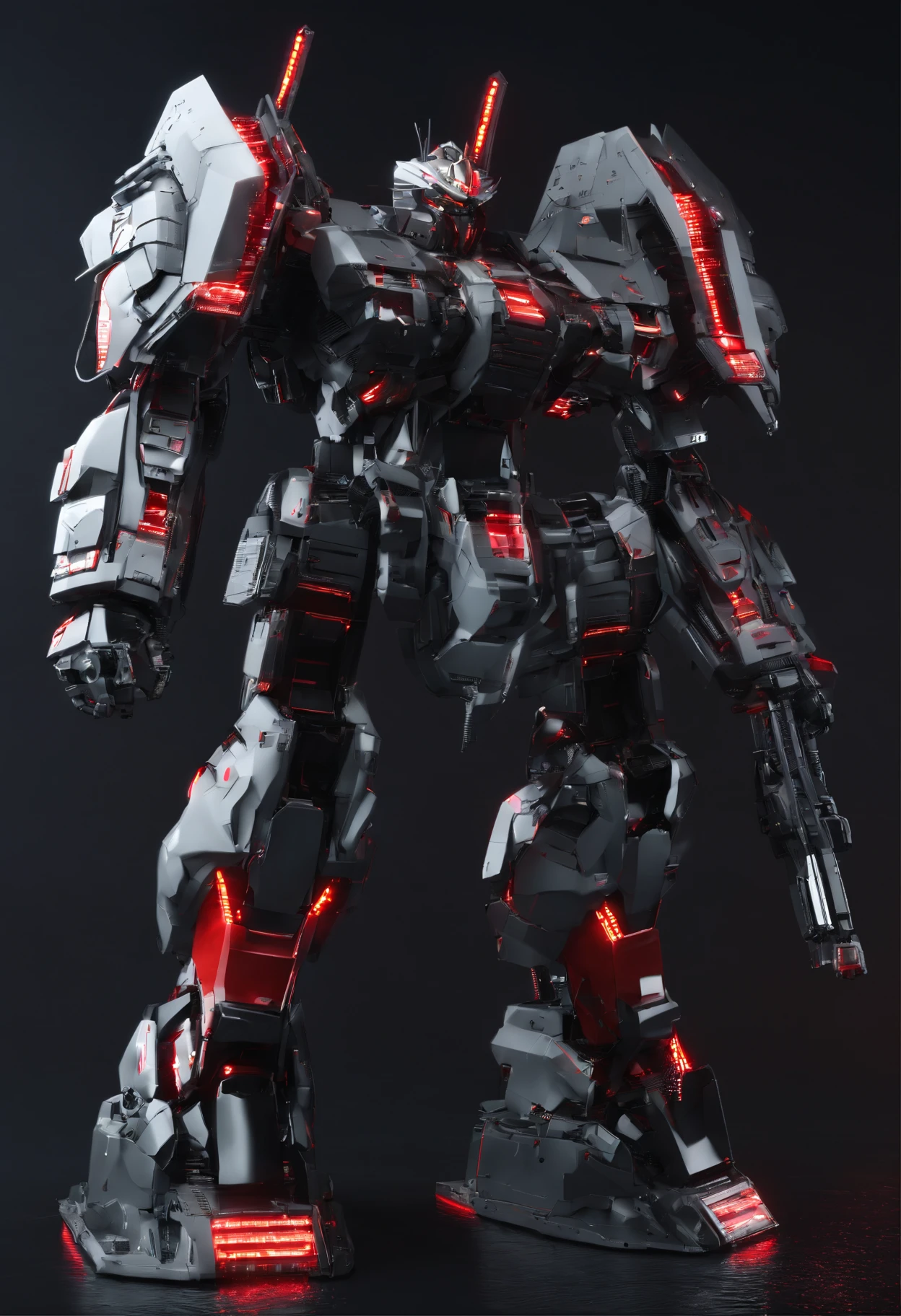 Gundam mecha ,black armour,red outlines of energy throughout the armour, moneyed,cloak over the machine,dark, raining, science fiction, front view, Sense of technology, C4D, Oc renderer, unreal engine, high detail, industrial design, 8k HD, studio light, retro