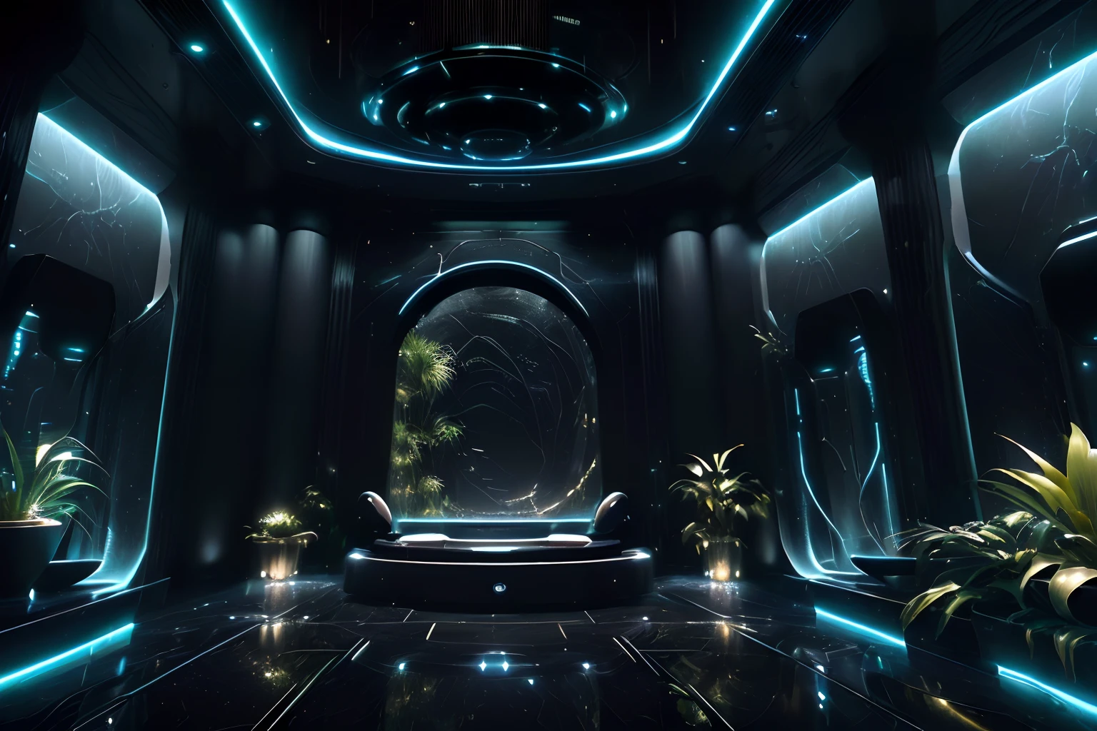 a dimly lit bathroom with a round bathtub and plants, futuristic setting, futuristic room, in a dark futuristic room, surreal sci fi set design, futuristic interior, sci - fi interior, futuristic decoration, futuristic environment, virtual metaverse room, scifi room, futuristic casino, futuristic palace, futuristic and ethereal, in a futuristic desert palace, futuristic room background