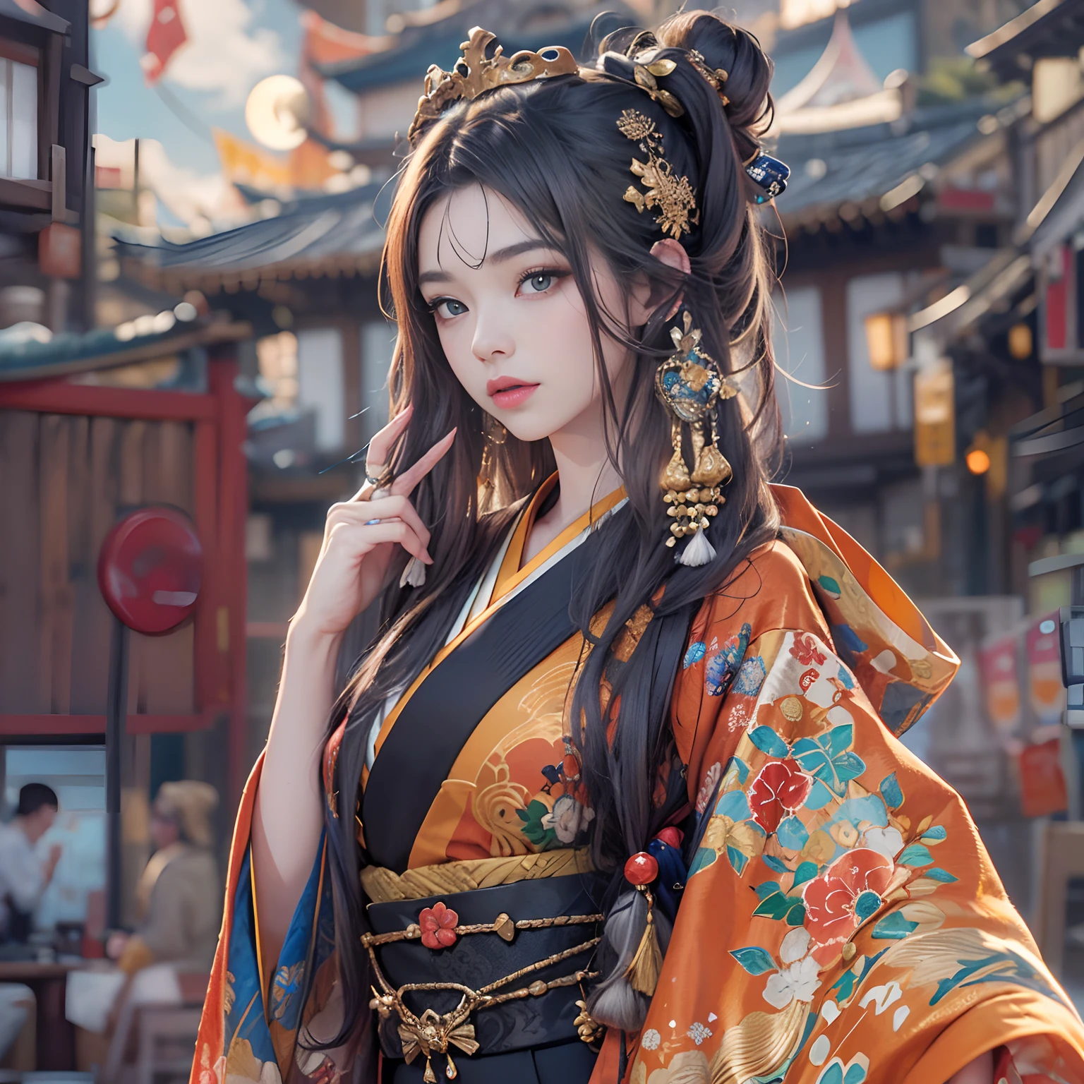 watching at viewers、Background with((ancient city:1.2)And the moon、(dense background:1.5))、BREAK {{{Luxury kimono(Colorful kimono(Detailed golden embroidery,))}}}、face perfect,Depict a beautiful and graceful woman of Japan,poneyTail、Woman with shiny black hair、perfect hand,Heart in the eye。odd eye,full body Esbian,Blur the background with a sickle,((masutepiece)), ((Best Quality))Wallpapers 16K, .Blur the background with a sickle,BREAK,((masutepiece)), ((Best Quality)),epicd(Lige Fries Photography、sony a7、50 millimeters、pores:1.5、Farbe、ultra-detailliert:1.5、film grains:1.4、hyper realisitic:1.5)、octan render、 ultra realistic lifelike textures、masterpiece、unrealengine5、the Extremely Detailed CG Unity 8K Wallpapers、Madly detailed photo、Ultra-realistic light、(Pulitzer Prize for Best Photography、Taylor Wessing Award for Best Photography)