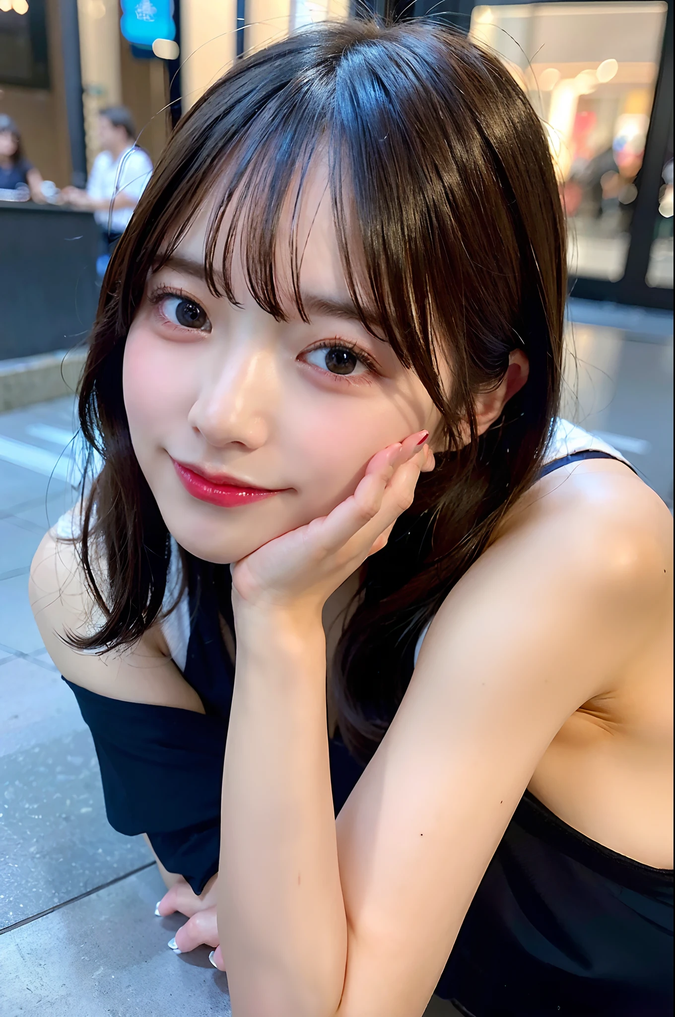(top-quality、8K、32K、masuter piece、nffsw:1.2)、、profile、(slim figure:1.2)、(s lips) 、、Dark blue blouse、Colossal tits、二重まぶた、shinny skin、Realistic rays、mare、beauitful face、(A smile:1.3)、crouching down、(From above:1.2)、(a closeup:1.4)、blurry backround、(Front Focus)、(Dark: 1.6)、Fantasy Art、photoRealstic、Professional Lighting、extra detailed face、Award-winning、deep-shadows、
