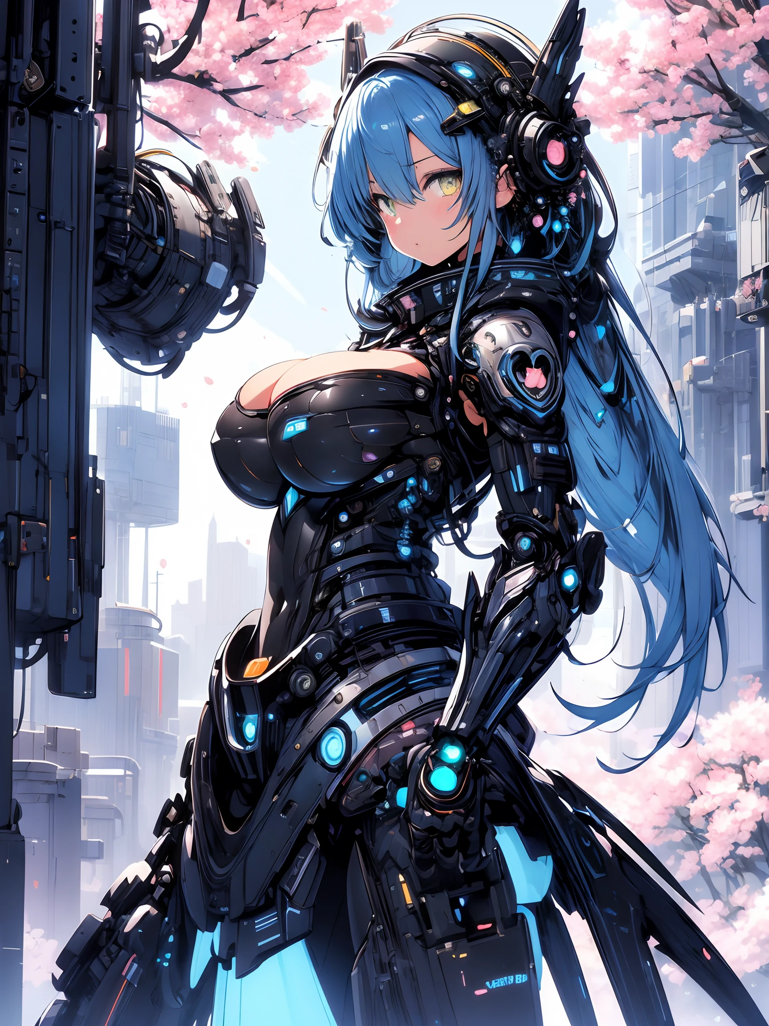 The most beautiful and sexy mecha warrior girl, blue hair, yellow eyes, wearing a highly detailed futuristic hooded mecha battle armor, mechanical angel wings, huge enormously gigantic tits, cleavage showing, tons of tattoos and piercings, in hyper futuristic city metropolis, cherry blossoms blowing in the wind, highly detailed background, absurdres, highres, ultra detailed, (cute illustration:1.5), (cute,kawaii,sweet:1.2),
(1girl:1.4), bodysuit, cyborg girl,
hyper gigantic mechanical hands,dynamic pose, looking back at the camera 
nice hands, perfect hands, incredibly cinematic, best quality, best resolution
