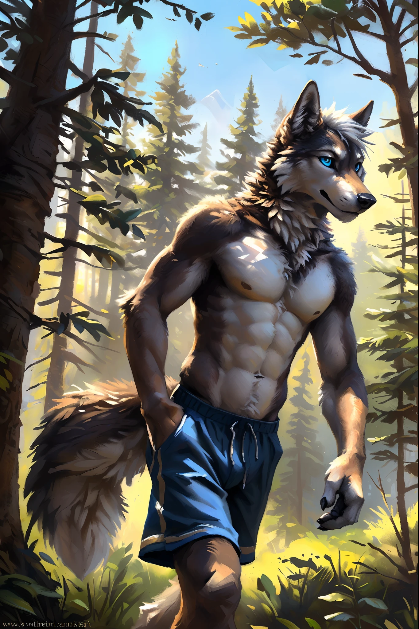 ((Solo)), male people, anthro wolf, (Multi-colored fur, White-brown:1.3，White tail pointed), ((Wolf face, White hair, Big eyes, White eyelids, Blue pupil, Slim:1.2) (Tough, Calm expression:1.2)), Abs, Slim, pinging)), (Correct anatomy), (Work shorts:1.1), The upper body is naked, (detailed outfits),A big tail，Feet，(Realistic fur, Detailed fur texture, labeled:1.3)), (Natural lighting), Photorealistic, Hyperrealistic, ultradetailed, by Kenket，ln the forest，No artificiality，erect through，Running on