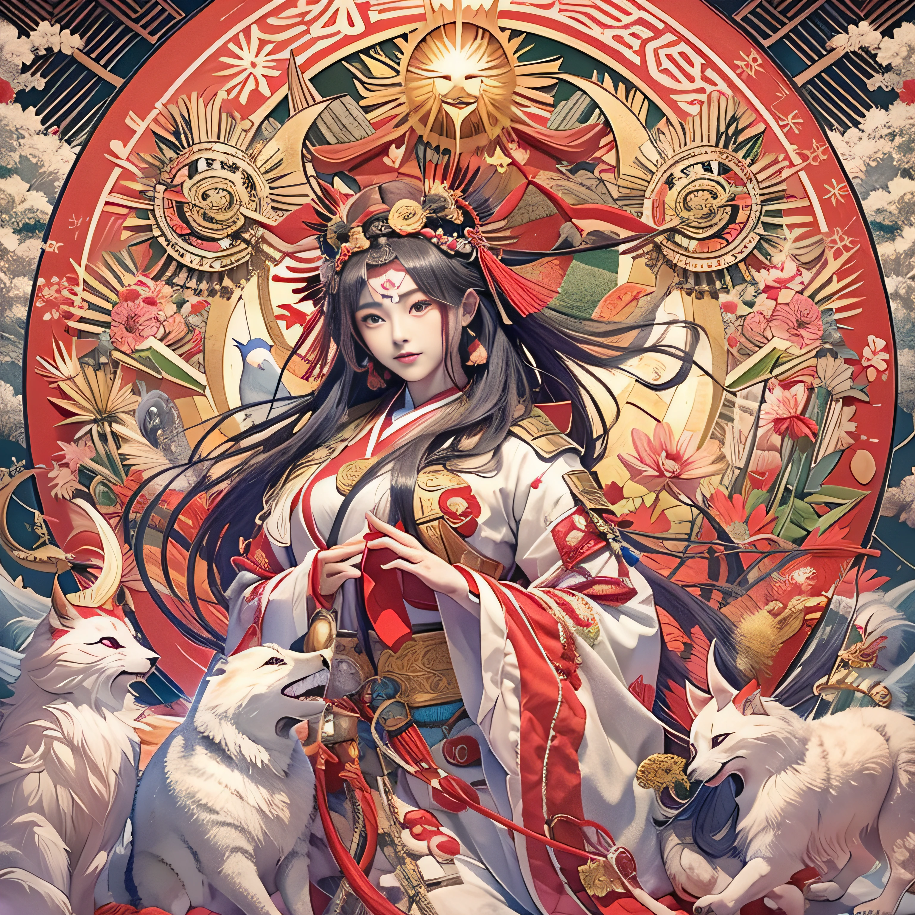 masutepiece, Best Quality,Unity 8k壁纸, ultra-detailliert, Beautiful and aesthetic, Beautiful, Official art, Amaterasu Priestess, SanDisk, Solar Flare Spell, Blessing of the Sun Goddess, divine intervention,Colossal tits、full body Esbian、Amaterasu　, Incarnation of the Sun, Supreme God of Japan, The god of ancient Japan and the deification of the sun. Ancestors of the Emperor of the Japan, Shinto deity of Japan, Amaterasu Colorful、highestdetailed　Tsukiyomi Dojin, Tsukiyo Mizun, Moon incarnation, Supreme God of Japan, The god of ancient Japan and the deification of the moon. Ancestors of the Emperor of the Japan, Shinto deity of Japan, Amaterasu's sister, The background is the Japan shrine sisters, The background is a shrine of Japan　Colossal tits　plump udder