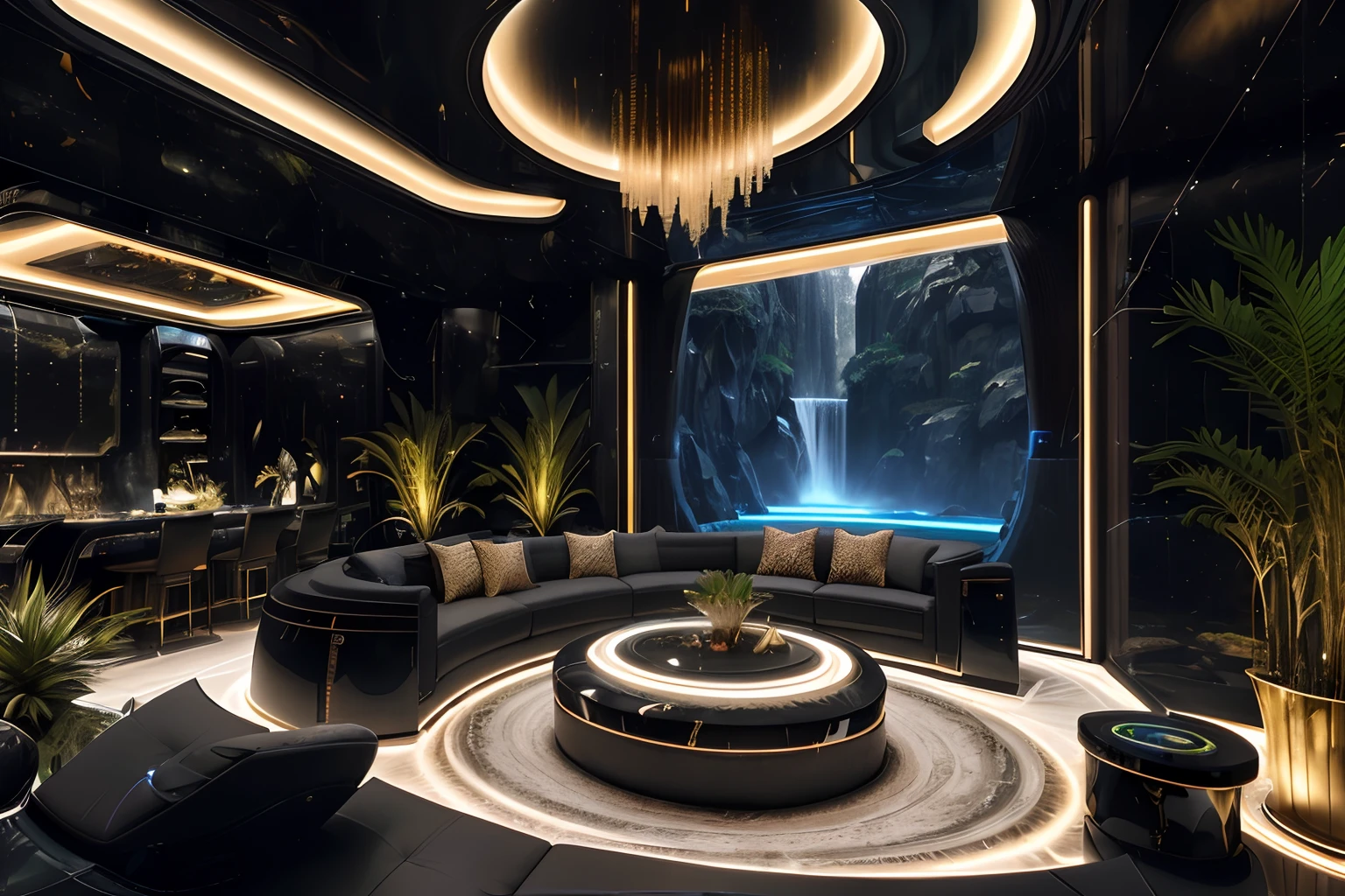 arafed living room with a circular couch and a waterfall, futuristic setting, luxurious environment, futuristic looking living room, in a futuristic desert palace, in a dark futuristic room, futuristic room, in style of kyrill kotashev, luxurious indoor setting, concept art. 8 k, futuristic decor, futuristic interior, extremely opulent, cinematic design, futuristic decoration