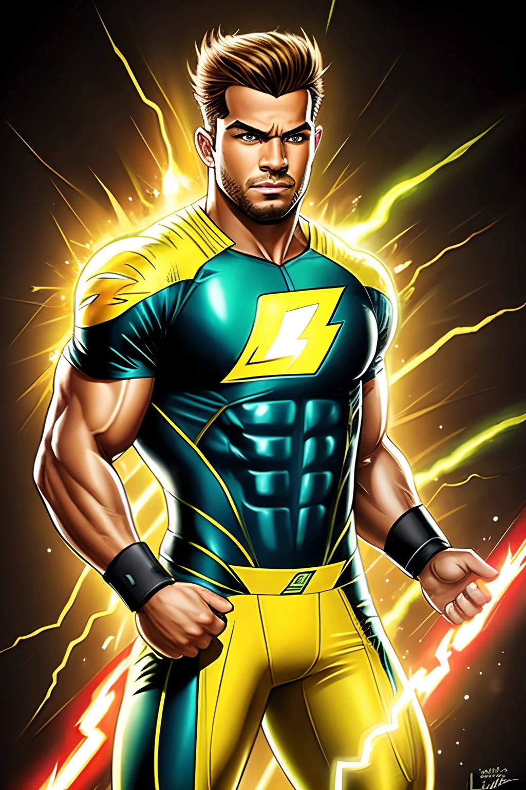 [The Brazilian Lightning], male hero, [Arte Digital], [Estilo Cartunesco], [Lucas CartoonArt], [Artistation], [Cartoonish resolution], [Cores vivas e empolgantes], [Electrifying lighting], [Lente wide-angle para enfatizar a velocidade]