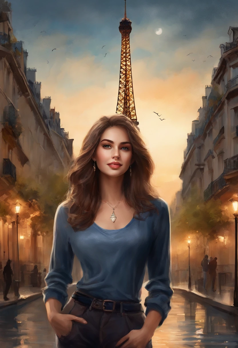 (8K、top-quality、​masterpiece:1.2)、 (realisitic、Photorealsitic:1.37)、 ultra-detailliert、DJSODA、 1 girl in、full bodyesbian、Wearing a turtleneck sweater and skinny jeans、Standing in the streets of Paris with the Eiffel Tower in the background、 cute little、 Beautiful detailed sky、night, dark, moon, tiny chest、 beatiful detailed eyes、 (length hair:1.2)、 Floating Hair Novafrog Style、