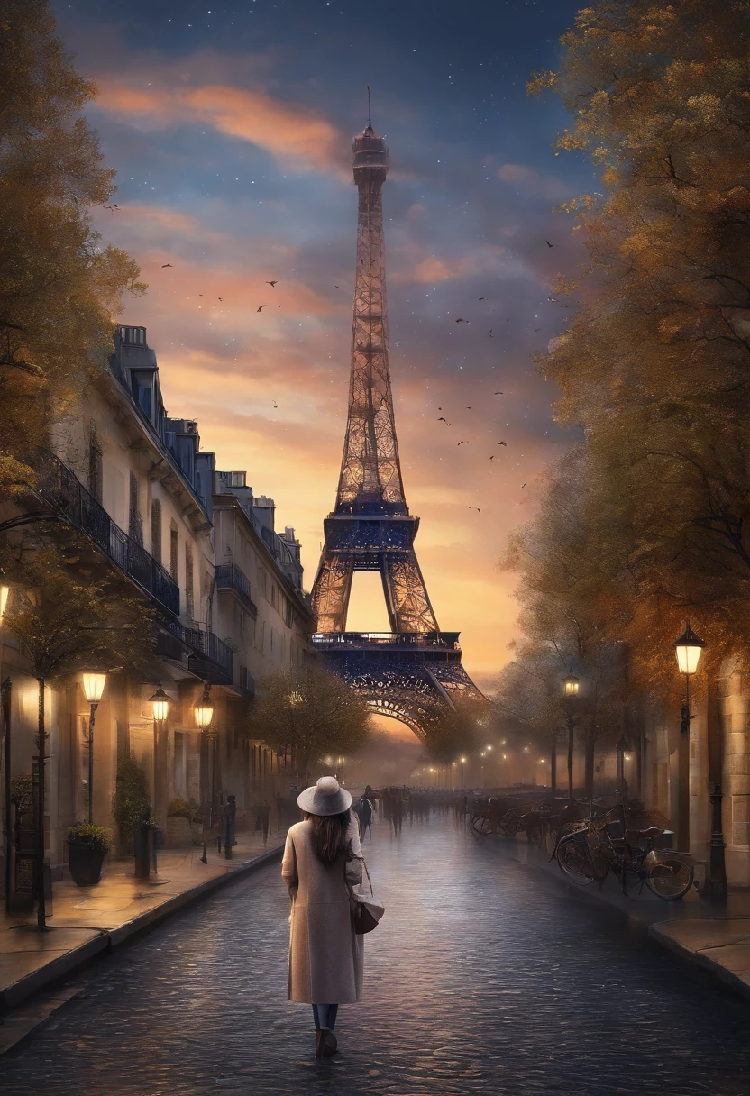 (8K、top-quality、​masterpiece:1.2)、 (realisitic、Photorealsitic:1.37)、 ultra-detailliert、DJSODA、 1 girl in、full bodyesbian、Wearing a turtleneck sweater and skinny jeans、Standing in the streets of Paris with the Eiffel Tower in the background、 cute little、 Beautiful detailed sky、night, dark, moon, tiny chest、 beatiful detailed eyes、 (length hair:1.2)、 Floating Hair Novafrog Style、