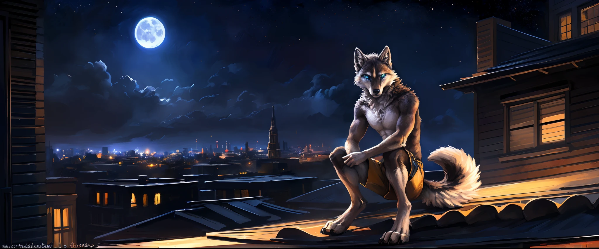 ((Solo)), male people, anthro wolf, (Multi-colored fur, White-brown:1.3, White tail pointed), ((Wolf face, White hair, Big eyes, White eyelids, Blue pupil, Slim:1.2) (Tough, Calm expression:1.2)), Abs, Slim, pinging)), (Correct anatomy), (Work shorts:1.1), The upper body is naked, (detailed outfits),A big tail,Feet,Long legs,(Realistic fur, Detailed fur texture, labeled:1.3)), (Natural lighting), Photorealistic, Hyperrealistic, ultradetailed, by Kenket,In the modern city,Roof roof,the night,Sit alone,Look at the full moon,It was dark,Starry