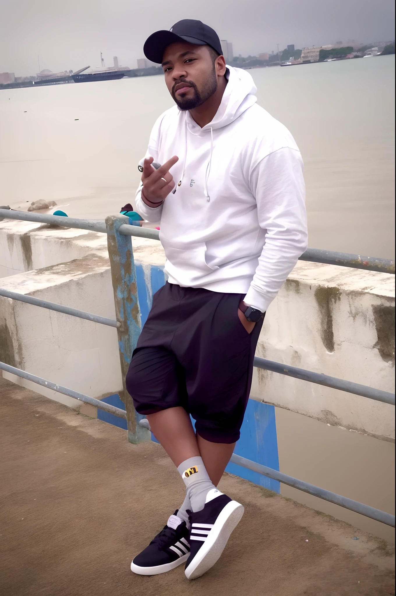 there is a man standing on a pier with his hand in his pocket, with a cool pose, cool pose, very artistic pose, stylish pose, near a jetty, doing an elegant pose, an artistic pose, connected with hanging bridge!!, in an action pose, at the waterside, in a menacing pose, wearing off - white style, artistic pose 8k , ultra realistic face , white hoodie , cloudy weather , background sky is like the boy is in mars , planet , anime , boy is in space ,