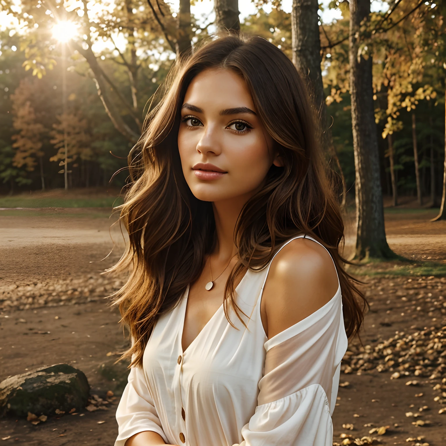 Generate a photorealistic image of Autumn, a stunning brunette influencer, in a well-lit, natural setting. Full body photography of Autumn, the stunning brunette influencer. She should appear in her mid-20s approximately 5'4" tall with long, wavy chestnut hair that falls gracefully on her shoulders. She has an athletic hourglass figure accentuated by her full bust. Her complexion should be flawless, with a warm, sun-kissed tan. Autumn should be wearing a stylish, bohemian-chic outfit that complements her relaxed and confident demeanor. Her expressive brown eyes should radiate charisma, and she should be captured in a candid moment, perhaps looking off into the distance with a subtle, enigmatic smile. The background should feature a serene, outdoor location, like a sunlit park or a beach at sunset. Ensure that the image appears high-resolution and true-to-life, with natural lighting that enhances Autumn's beauty