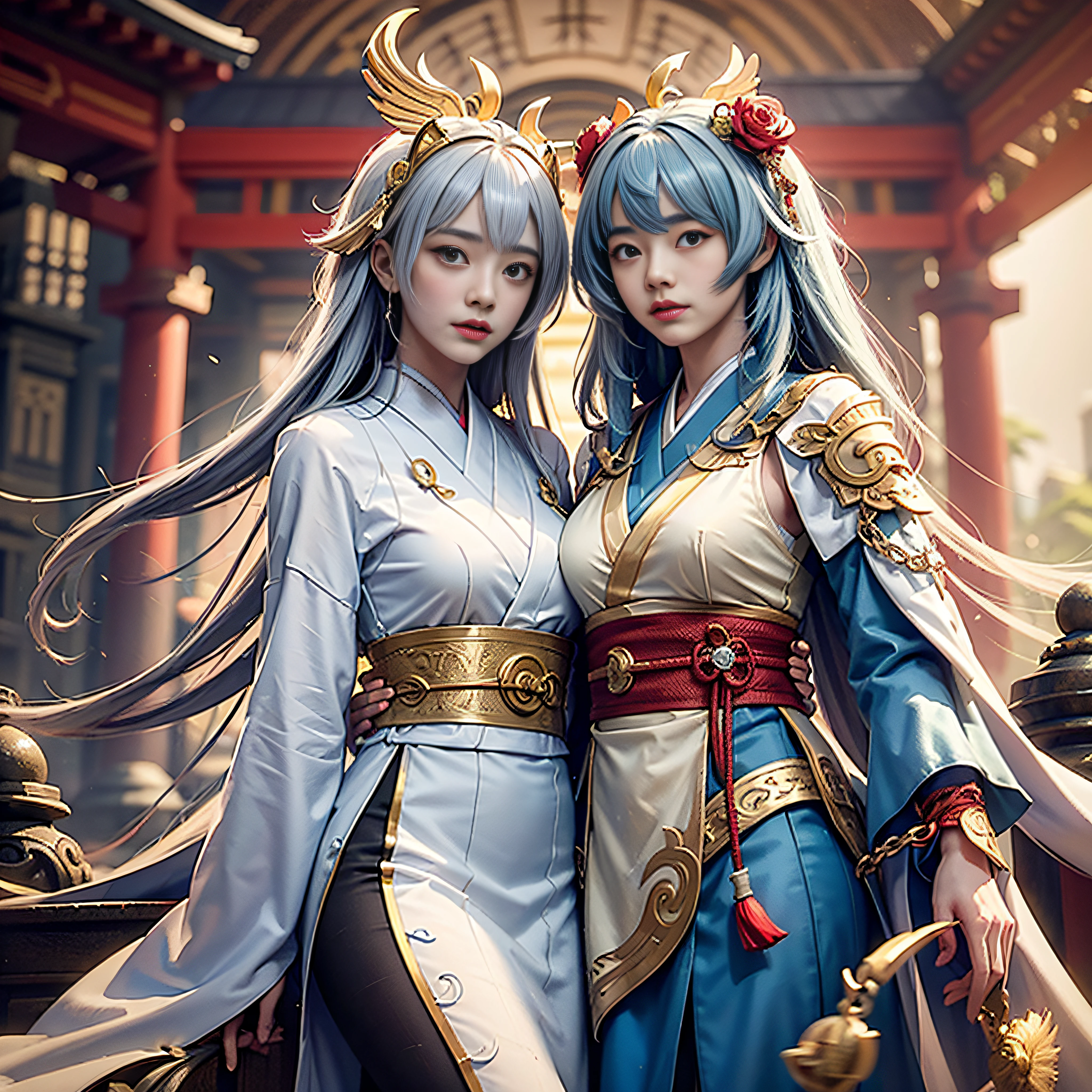 (masterpiece:1.2)、top-quality、(illustratio:1.2)、ornate decorations、(Masterfully crafted Glow、lensflare)、(ultra-detailliert)、Hyper-detailing、(delicate detail)、(intricate detailes)、(Cinematic Light、best quality backlight)、(Bioluminescent hair)、(radiant eyes)、(Dynamic:1.2)、((make - up))、absolutely eye-catching、prehistory、((Splash of colorful paint on background、dulux、))、((coustics))、dynamic ungle、(魅惑的)、(Intricately detailed cinematic:1.1)、Ambient Occlusion、ambient lights、ray tracing reflection、(The best lighting、extremely delicate and beautiful)、((Movie Light))、colourfull、powerfull、(Cinematic Masterpiece)、big dreamy eyes、perfectly proportions、perfectly drawn face、albedo、White hair、chain、comfy、Intense days々々々々々々々々々々々々々々々々々々々々々々々、golden sky、seductiv、illustratio、Angels everywhere、yellow eyes、A red rose、chains、splashes of colour、smooth soft skin、the golden hour、Atmosphere、a park、nobara、bullets、Breathtaking、Ambient light coming from the sky、 chain、godrays、The halo、beautiful intricate colored hair、Symmetrical and soft lighting、concept-art、digitial painting、Take a peek at the scenery、realistic reflection、Soft and warm glow coming from tracers everywhere Amaterasu , Incarnation of the Sun, Supreme God of Japan, The god of ancient Japan and the deification of the sun. Ancestors of the Emperor of the Japan, Shinto deity of Japan, Amaterasu Colorful、highestdetailed Tsukiyomi Dojin, Tsukiyo Mizun, Moon incarnation, Supreme God of Japan, The god of ancient Japan and the deification of the moon. Ancestors of the Emperor of the Japan, Shinto deity of Japan, Amaterasu's sister, The background is the Japan shrine sisters, The background is a shrine of Japan Colossal tits plump udder